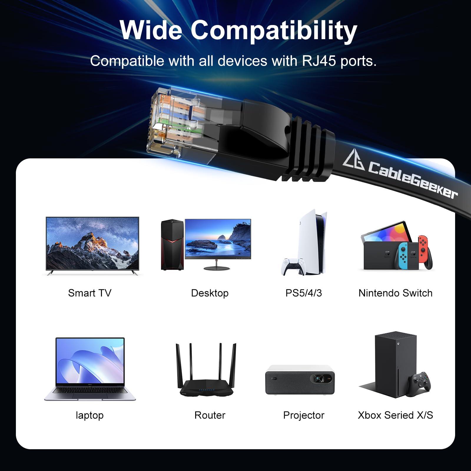 CableGeeker Cat 6 Ethernet Cable 75 ft, Indoor&Outdoor, High Speed 10Gbps Flat Internet Network Cable, Cat6 Ethernet Patch Cable Long, Computer LAN Cable with Free Clips & Straps for Router, Modem, PS4/5, Black