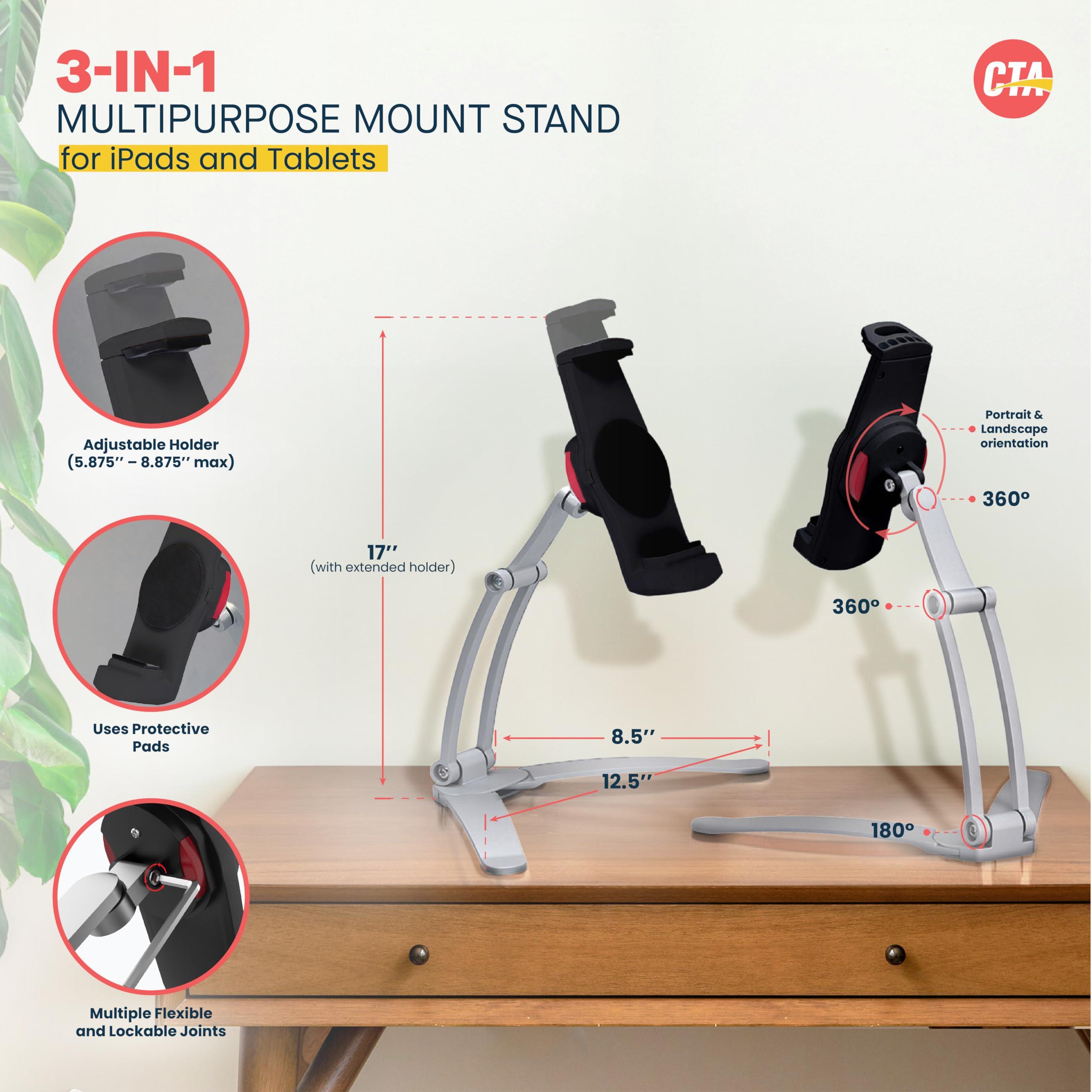 CTA Digital 3-in-1 Mount Stand  CTA Multi-Flex Tablet Base and Support Installs on Walls or Folds for iPad 10th Gen 10.9\" - 7/8/9 Gen 10.2 - Air 4 - Pro 11 - Galaxy Tab S3 - Silver (PAD-KMSB)