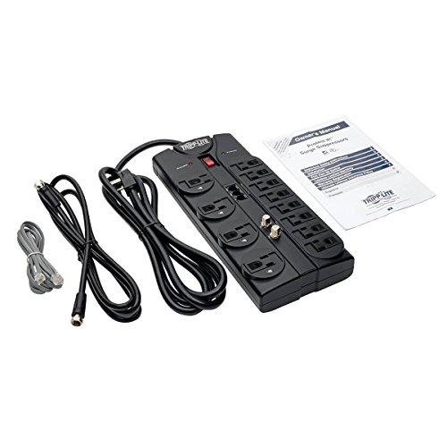 Tripp Lite Tripp Lite TLP1208TELTV 12 Outlet Surge Protector Power Strip, 8ft Cord, Right-Angle Plug, Tel/Modem/Coax Protection, RJ11, & Dollar 150,000 Insurance Black