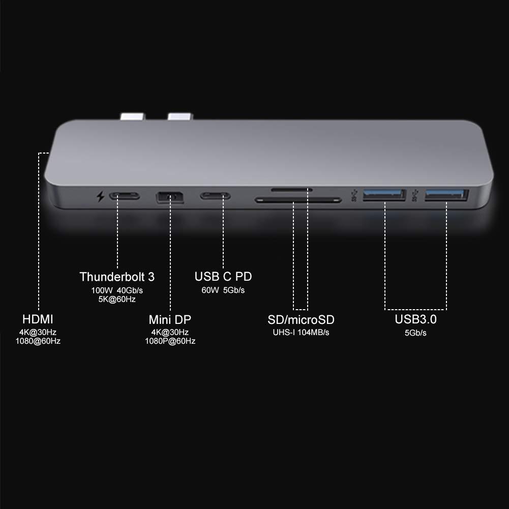 Hyper HyperDrive Mac USB C Hub Adapter, Multi-Port Hub MacBook Pro 2020 2019-2016, MacBook Air 8-in-2 Dongle w Thunderbolt 3, USB-C 100W PD, 4K HDMI, MiniDP, microSD/SD Card Reader, 2xUSB A - Gray