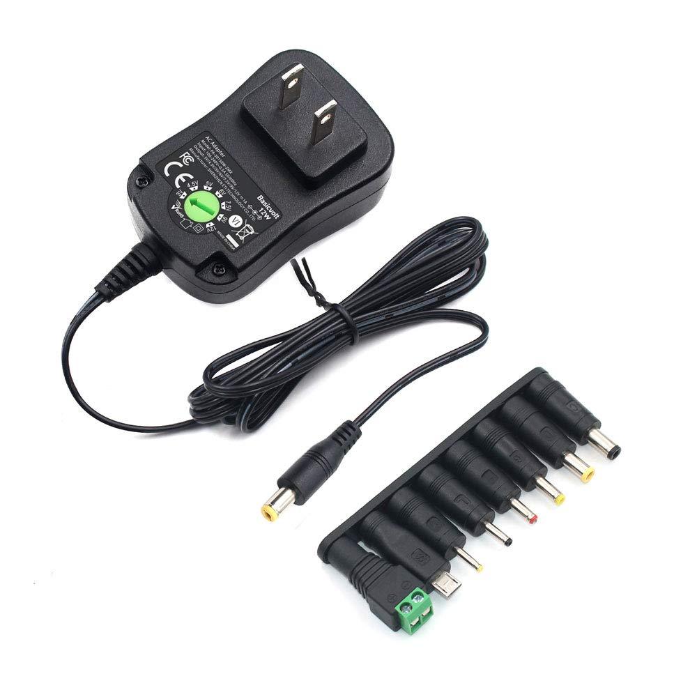 Basicvolt Basicvolt 12W Universal Power Supply 12V 9V 7.5V 6V 5V 4.5V 3V 1A AC to DC Adapter for Led Strip Router Speaker CCTV Camera Tablet Radio 3 to 12 Volts 1000mA Switching Power Supply with 8 Tips