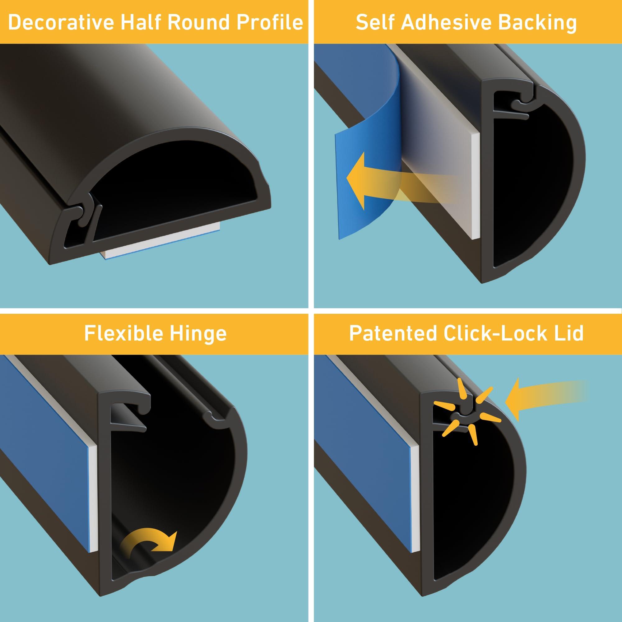 D-Line D-Line 157in Cord Hider Kit, Patented Cable Cover, Hide Wires on Wall, Channel for TV Mount Cords, Raceway Wire Hiders, Paintable, Adhesive, Half Round, 10x 0.78in W x 0.39in H x 15.7in L, Black