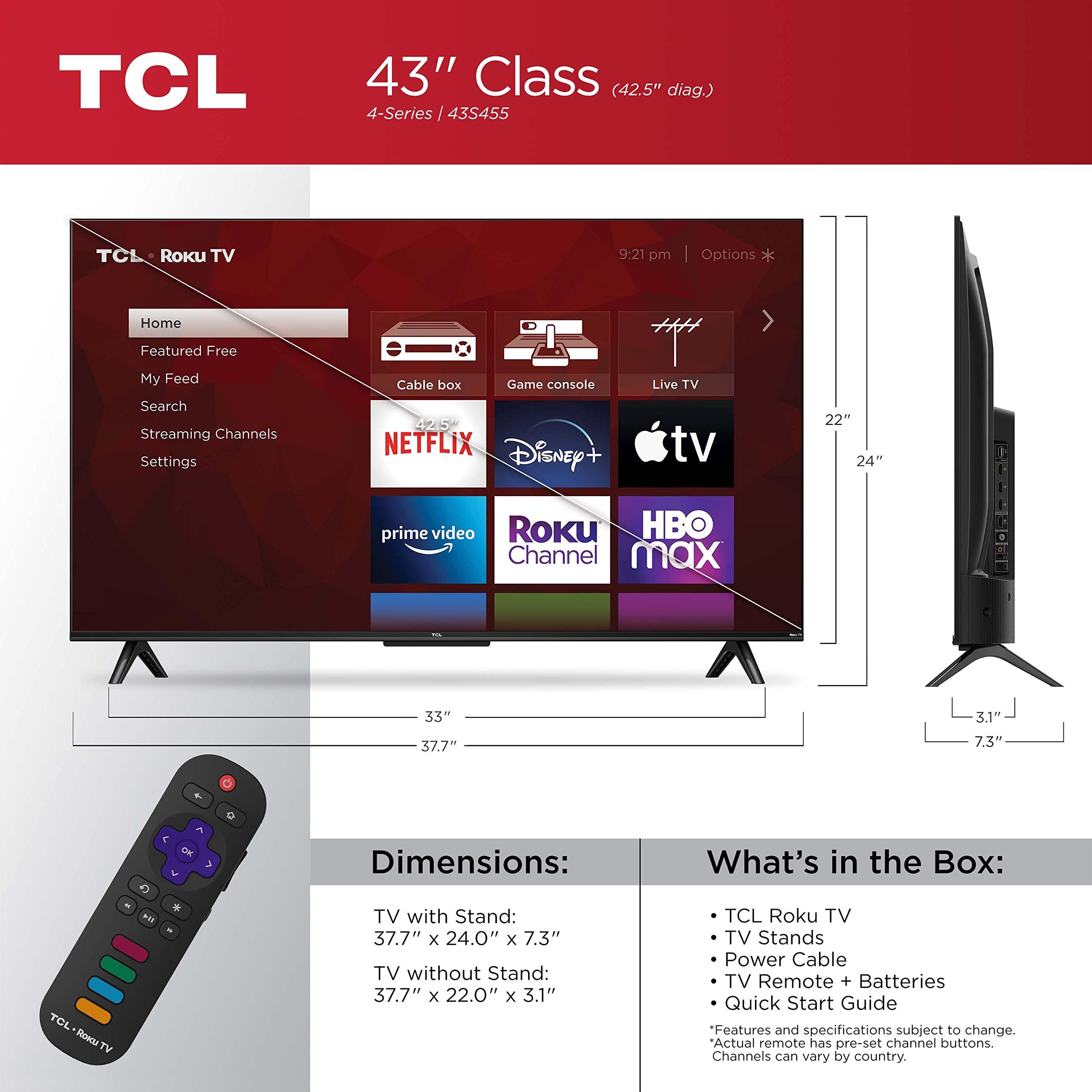 TCL TCL 43" Class 4-Series 4K UHD HDR Smart Roku TV 43S455, Black