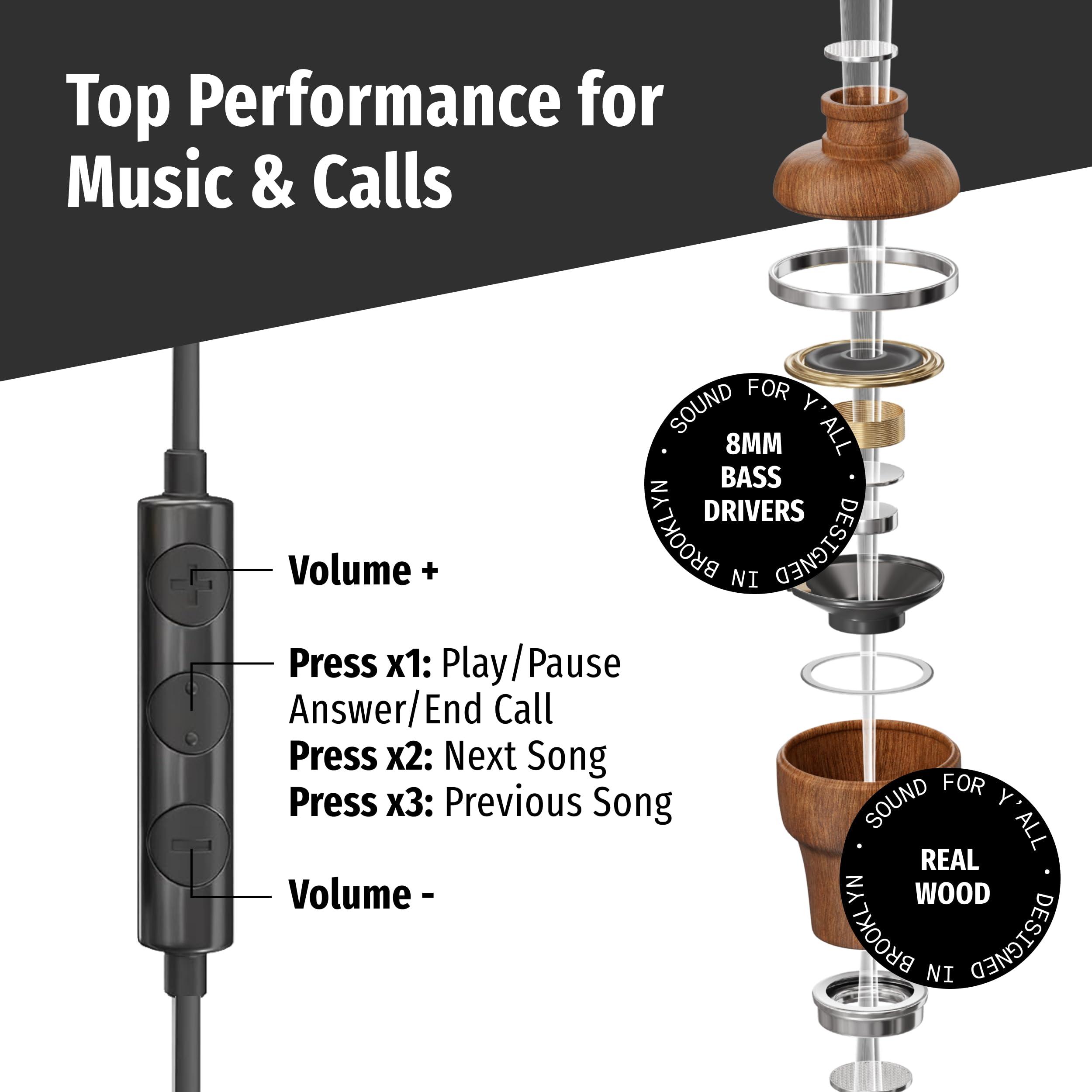 Symphonized Symphonized Premium Wooden Airtube Headphones EMF Earbuds, 3D Sound, Microphone Volume Control, 8mm Bass Drivers Granting High Audio Quality 3.5mm Jack