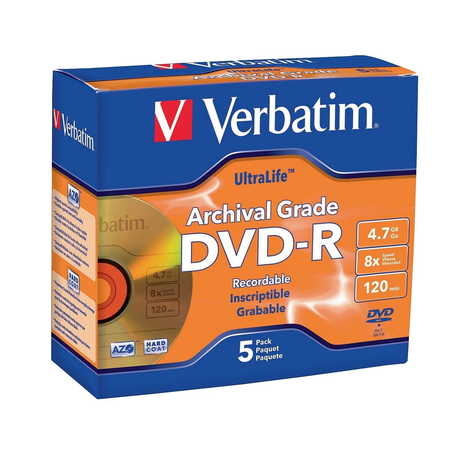 Verbatim 5pk Dvd-R 8x Ultralife Archival Grade Gold Shiny Jewel Case