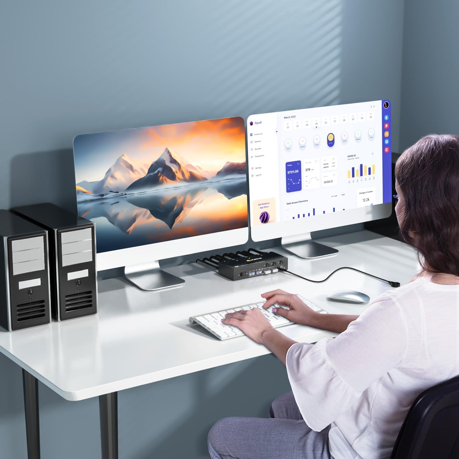 camgeet 8K Displayport KVM Switch 2 Monitors 3 Computers 8K@60Hz 4K@144Hz,Camgeet Dual Monitor KVM Switch Displayport with 4 USB 3.0 Ports for USB Devices,Wired Remote and 12V Power Adapter Included