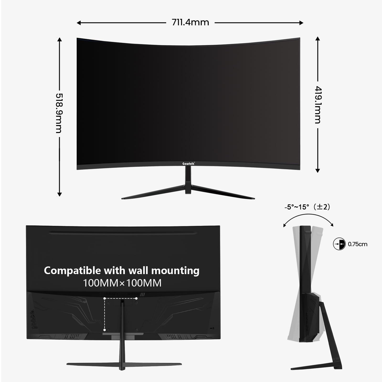 Gawfolk Gawfolk 32-inch PC Screen,2K QHD(25601440P),165Hz Curved Gaming Monitor, 1msFreeSync, 98% sRGB178 Wide Viewing AngleDisplayPortHDMI, Wall Mount Compatible 100 * 100MM Wall - Black