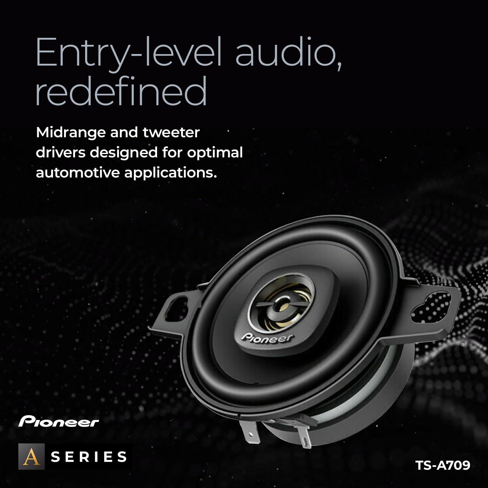 Pioneer Pioneer TS-A709, 2-Way Coaxial Car Audio Speakers, Full Range, Clear Sound Quality, Easy Installation and Enhanced Bass Response, Black and Gold Colored 2.75 Round Speakers
