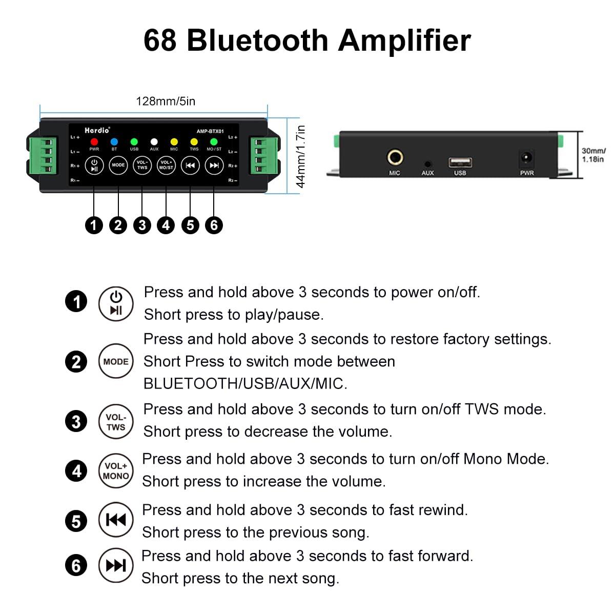 Herdio Herdio 6.5 Inch 800W Outdoor Bluetooth Speakers Wired Waterproof with Multifunctional Amplifier, Wall Mount Speakers for Patio Home Poolside Deck Backyard(4 Speakers,White)