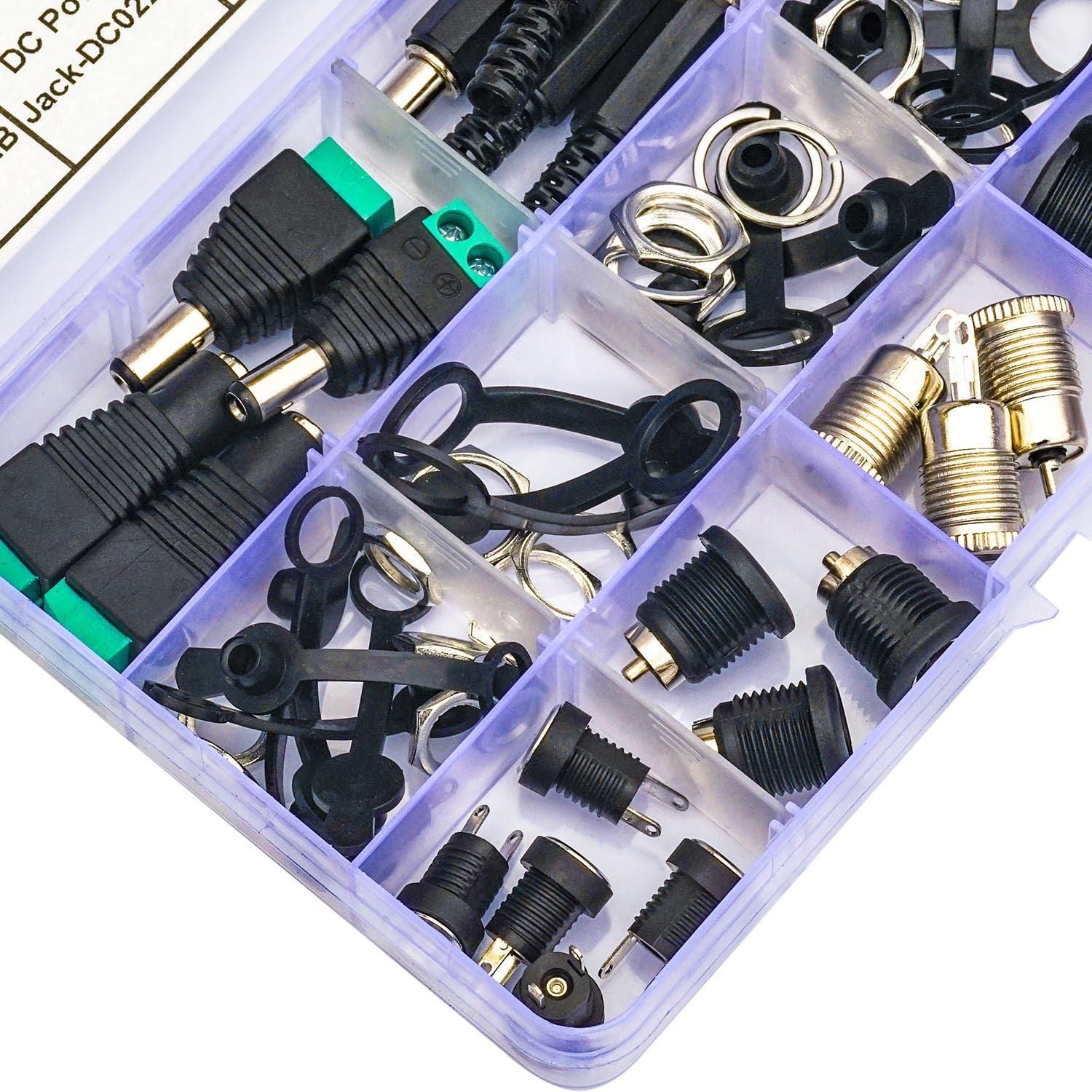 Kidisoii Kidisoii DC Power Jack Connector Assorted Kit, 5.5x2.1mm DC Power Supply Jack Socket Male Female Panel Mount Connector with Waterproof Cap & Hex Nut DC022B DC022D DC099 DC022 DC025 (DC-Cap-Kit)
