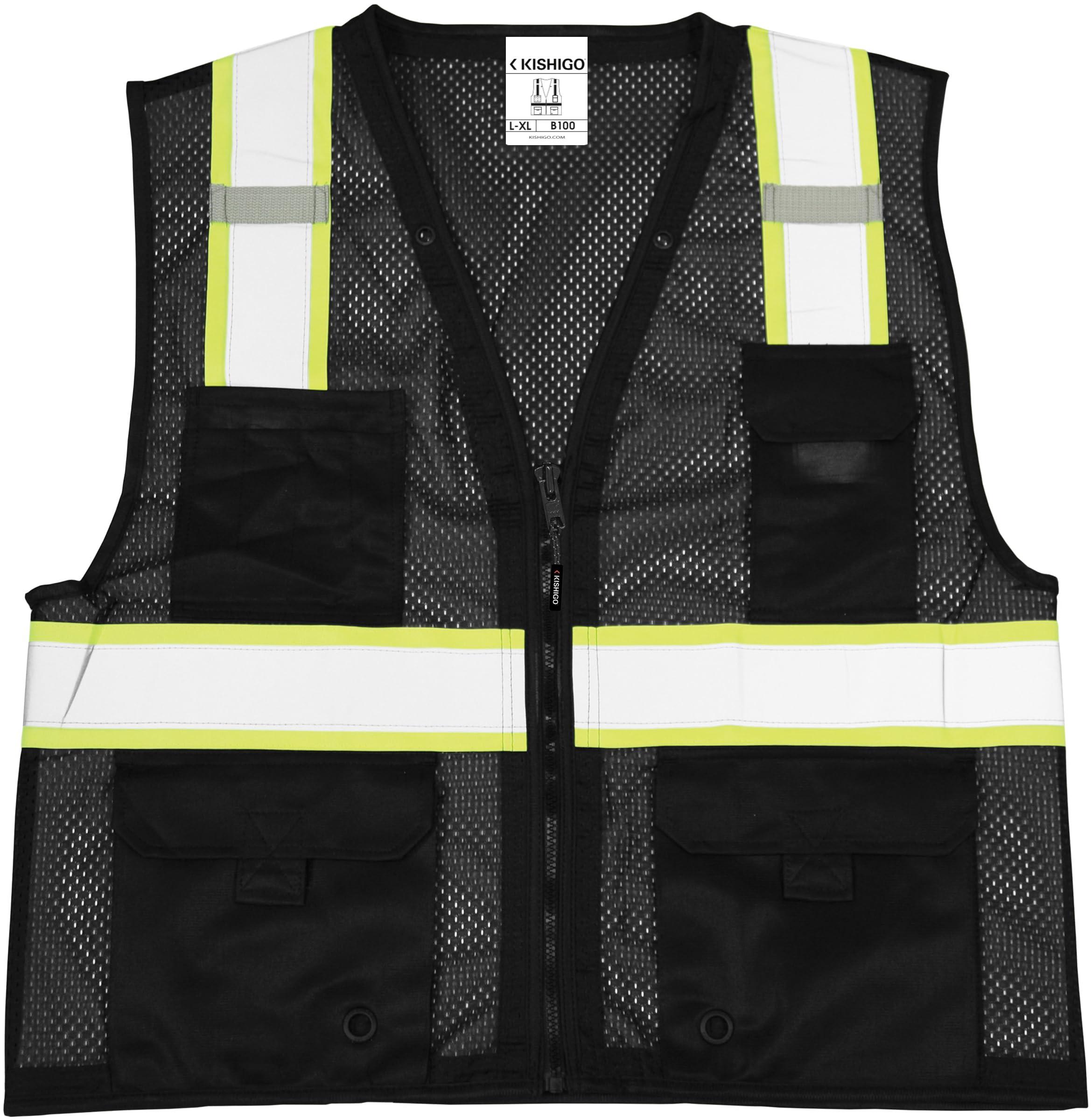 ML Kishigo Kishigo Black Enhanced Visibility Unisex Vest B100, Multi Pocket Mesh Hi-Vis Vest, Ultra-Cool Polyester Material, 6 Pockets, Zipper Front Closure, Construction Work Safety Vest (Black EV, LG-XL)