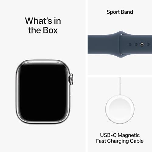 Apple Apple Watch Series 9 [GPS + Cellular 41mm] Smartwatch with Silver Stainless Steel Case with Storm Blue Sport Band M/L. Fitness Tracker, Blood Oxygen & ECG Apps, Always-On Retina Display