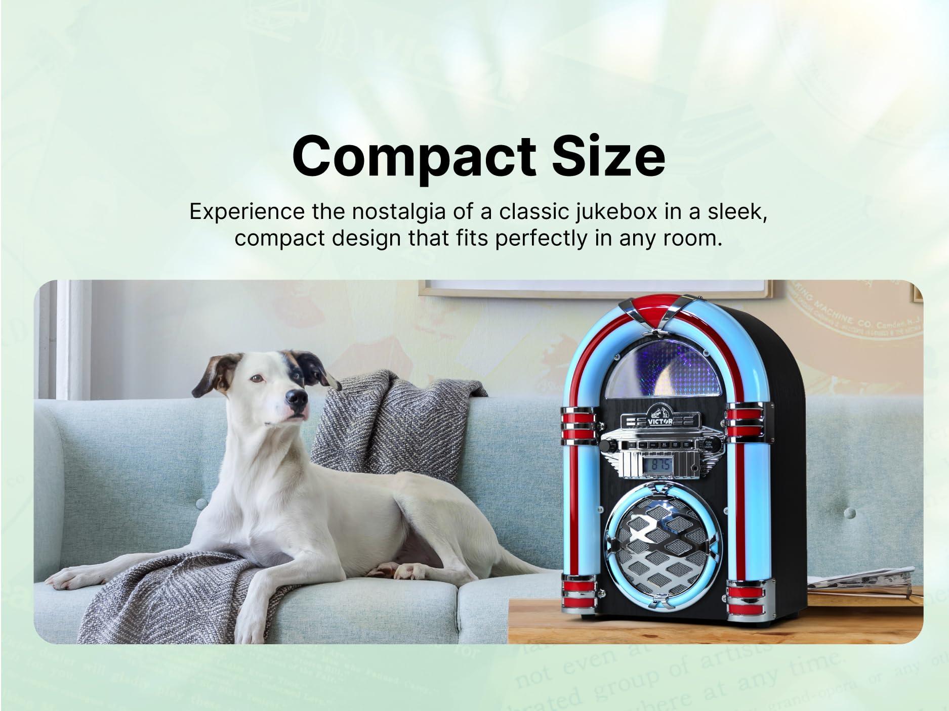 VICTOR VICTOR Wilshire Desktop Bluetooth Jukebox with FM Radio, Built-in Stereo Speaker and Multicolor LED Lighting, Black (VDTJ-1450-BK)