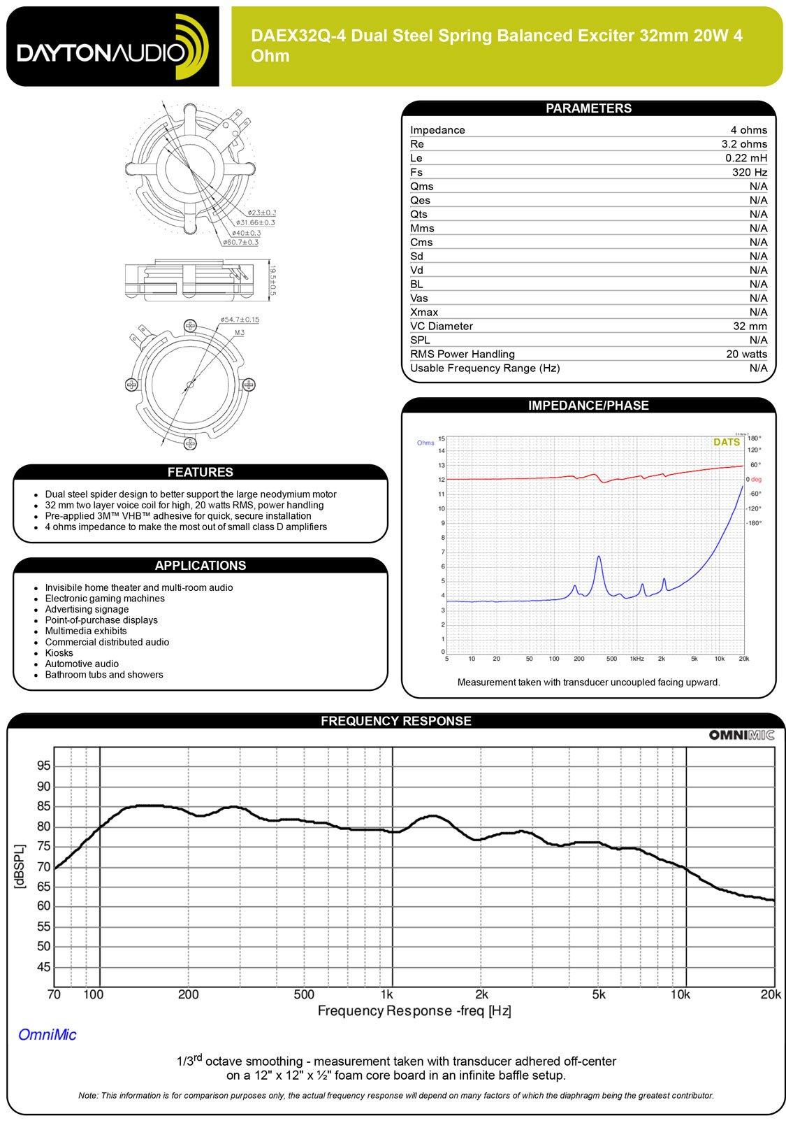 Dayton Audio Dayton Audio DAEX32Q-4 Dual Steel Spring Balanced 32mm Exciter 20 Watt RMS, 4 Ohm Imepedance - Turn Any Surface into a Speaker System - Ideal for Vertical Surfaces