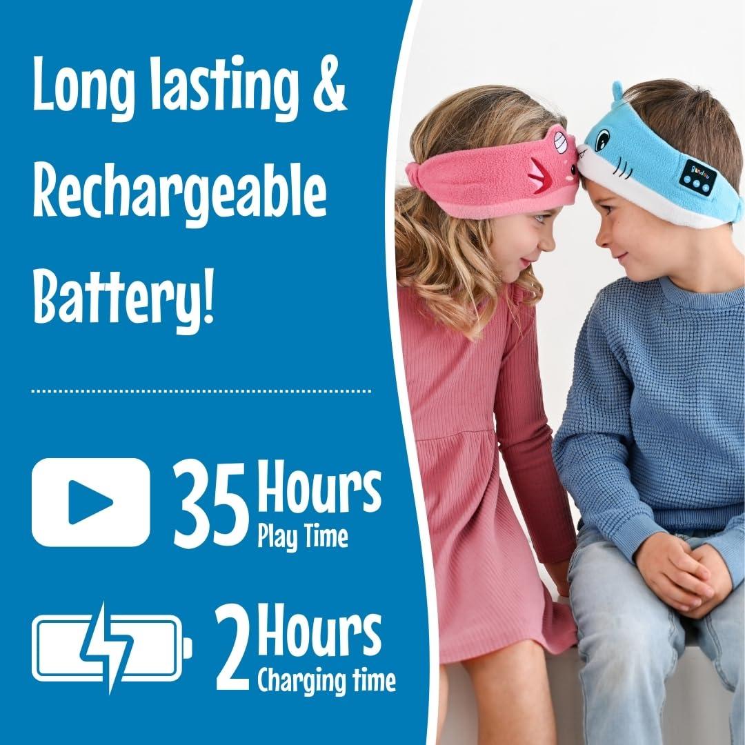 Bandou Bandou - Original Toddler & Kids Headphones - Bluetooth Wireless & Wired Headband - Comfortable Fit - Safe Volume Limited - Adjustable for Travel, Learning, and Sleep (Finny The Shark)