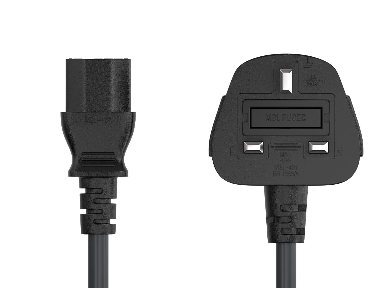 Cable Leader CableLeader 10ft IEC320 C13 to BS1363 England UK Power Cord with Fuse 18AWG 13A/250V, Heavy-Duty for PCs, Monitors, Scanners, Printers, Britain 3 Prong Type G Plug, Black