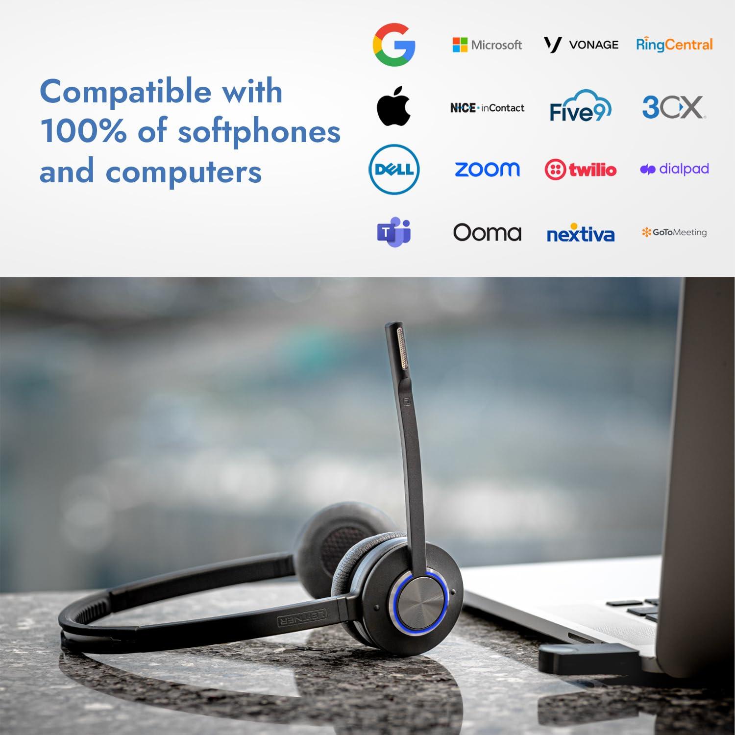 Leitner Leitner LH475 Wireless Computer Headset with Microphone Zoom and Teams Headset DECT USB Dongle Headset for Softphone, Computer, Laptop, and Tablet Single or Dual-Ear Wearing Style