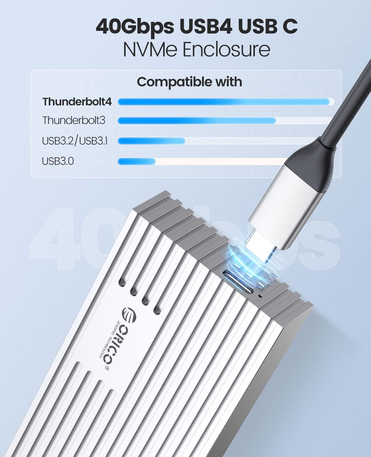 ORICO ORICO 40Gbps NVMe SSD Enclosure, M.2 to USB-C Adapter for NVMe M-Key 4TB SSD 2280, Aluminum M2 External SSD Case, Compatible with Thunderbolt 3/4 USB3.2/3.1/3.0/Type-M234-Silver