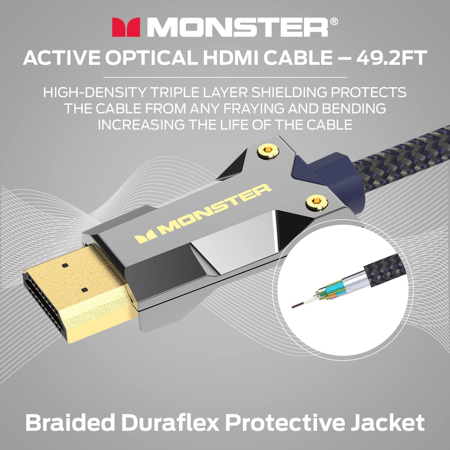 Monster Monster M-Series Active Optical Cable Lightwave Certified Premium HDMI 2.1-48 Gbps Cable with Aluminum Extrusion Connector, V-Grip, Duraflex Protective Jacket - Supports 8K @ 60HZ, 4K @ 120HZ, 49.2 FT