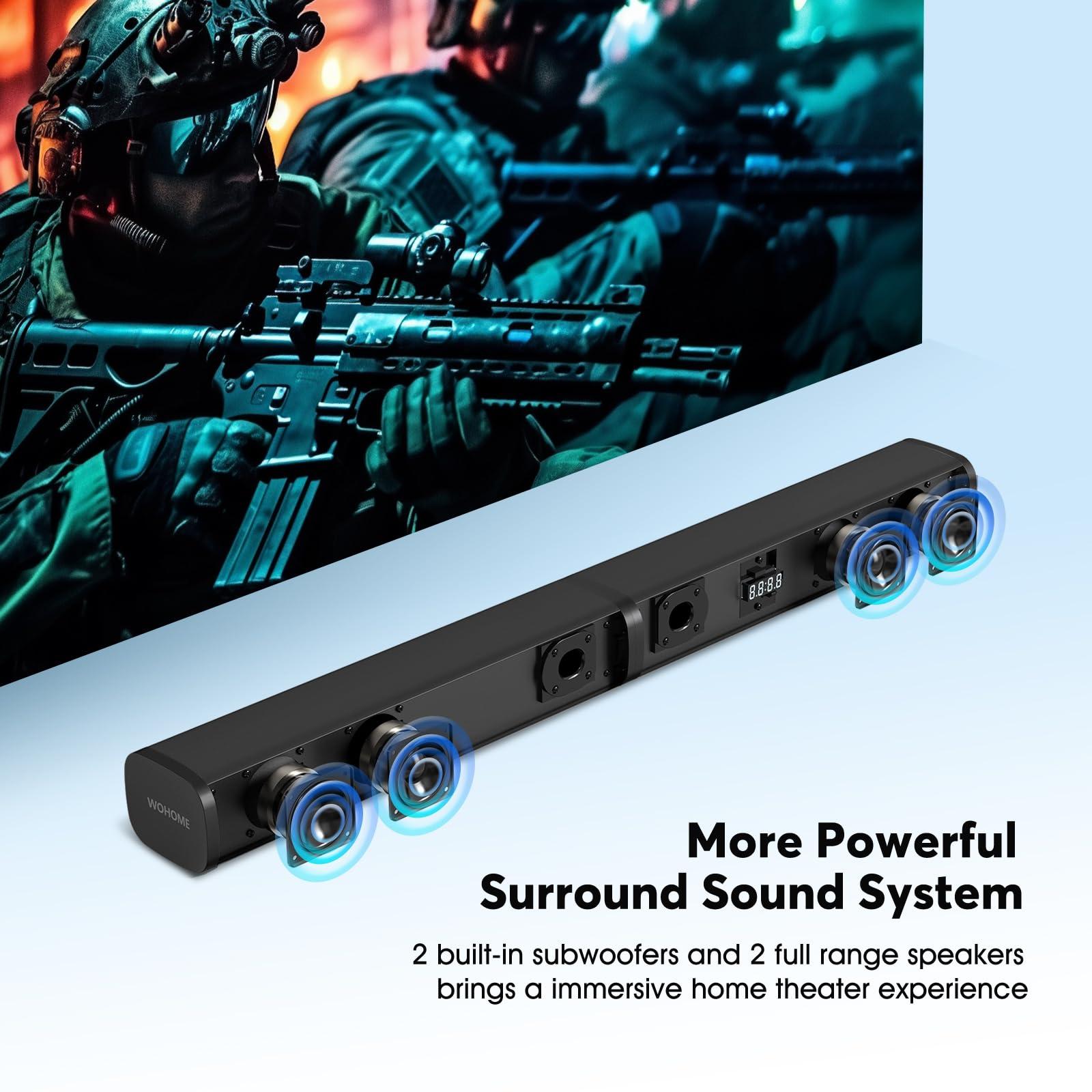 Wohome Wohome 2.2 Sound Bar for TV with Built-in Subwoofers, 32 Inches Detachable Soundbar Speaker, Bluetooth 5.3/Optical/AUX/USB Connection with Colorful Backlight (Black)