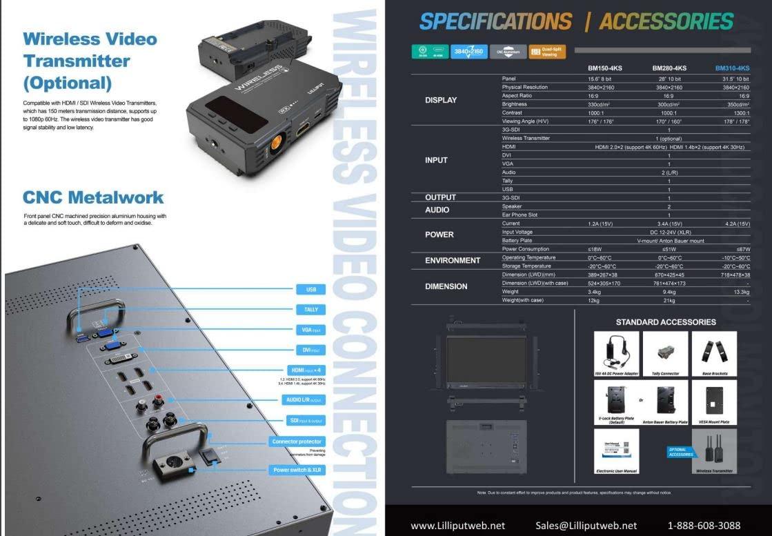 LILLIPUT LILLIPUT 31.5" BM310-4KS-VBP Broadcast Monitor 4K/Full HD for Taking Photos & Making Movies with Multiple Signal inputs 3G SDI, HDMI, DVI and VGA Quad View Split, 3D LUT, HDR with V Mount Plate