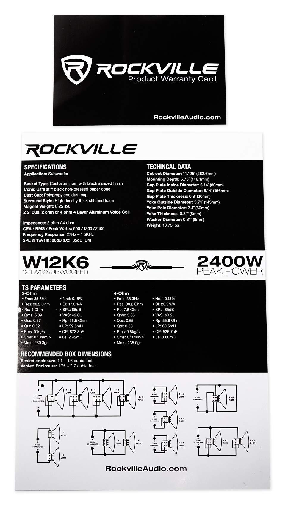 Rockville Rockville (2) W12K6D2 V2 12\" 4800w Car Audio Subwoofers+Sealed Sub Box Enclosure