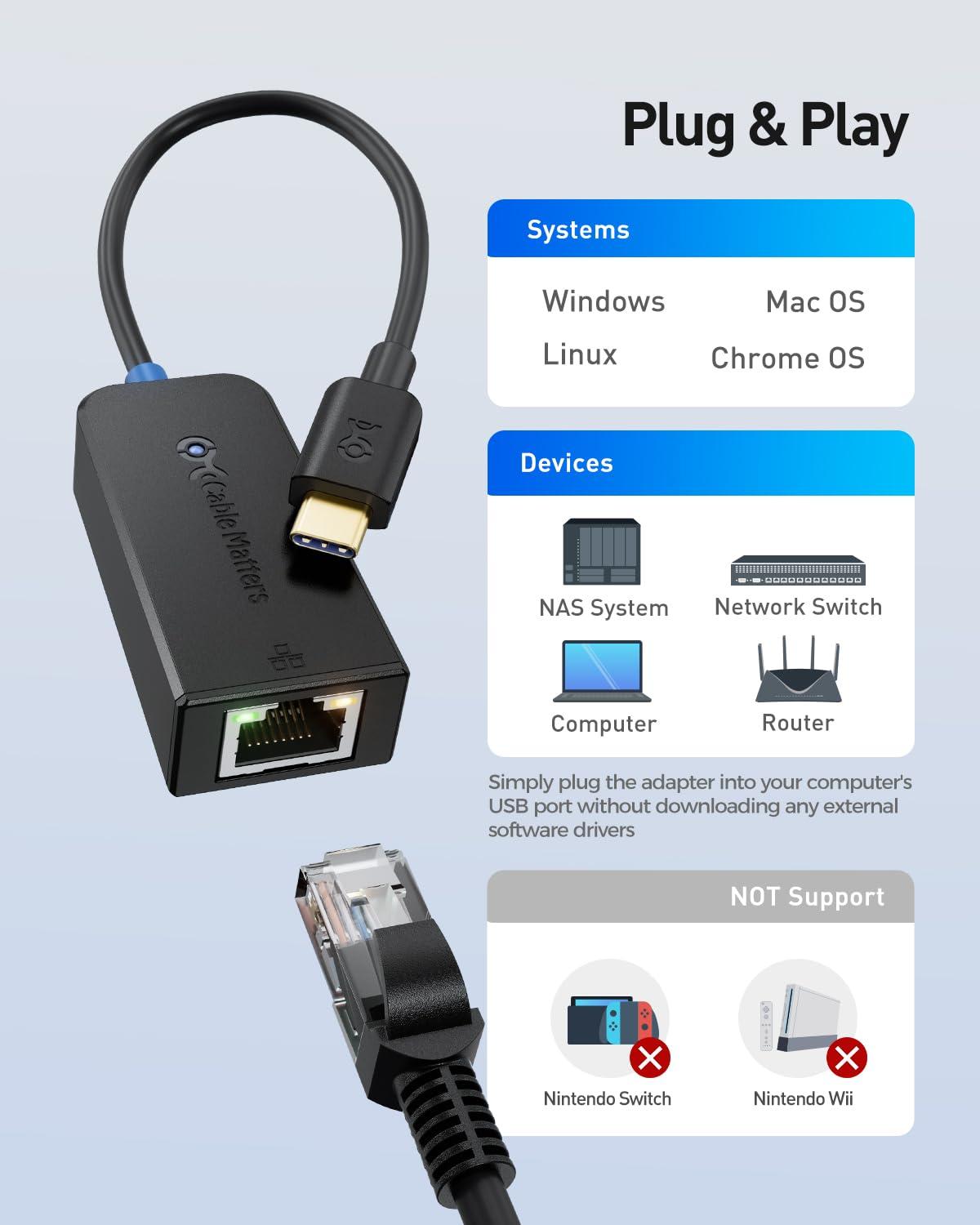 Cable Matters Cable Matters USB C to 2.5Gb Ethernet Adapter, USB-C to 2.5 Gigabit Ethernet, 2.5Gb USB C Network Adapter - Compatible with Thunderbolt 5/4 for MacBook, Not Work with Mac Mini