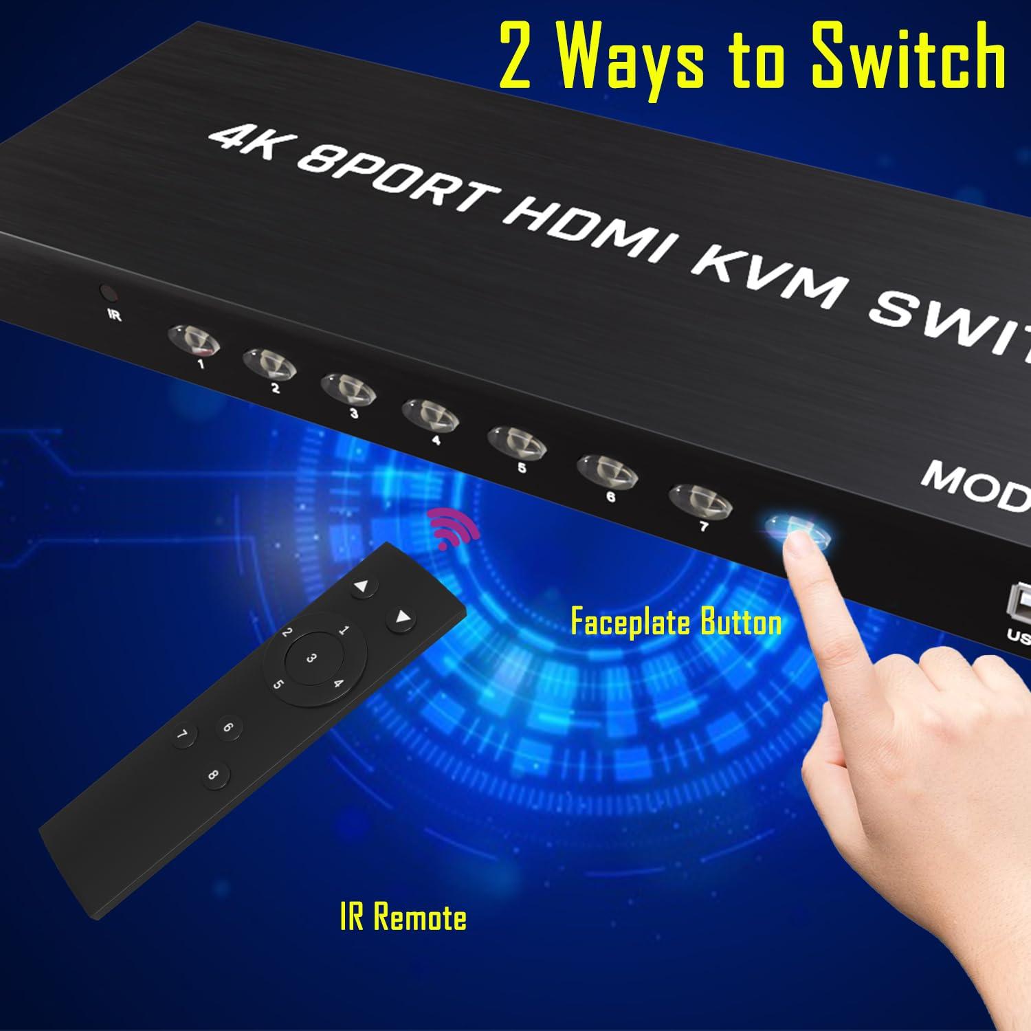 KAGO KVM Switch HDMI 8 Port - HDMI Switch with Remote- USB Switch Selector for 8 Computers Share Keyboard Mouse Printer,Flash Drive,HD Monitor, Support 4K@30Hz, 8 KVM Cables 1 Remote Included