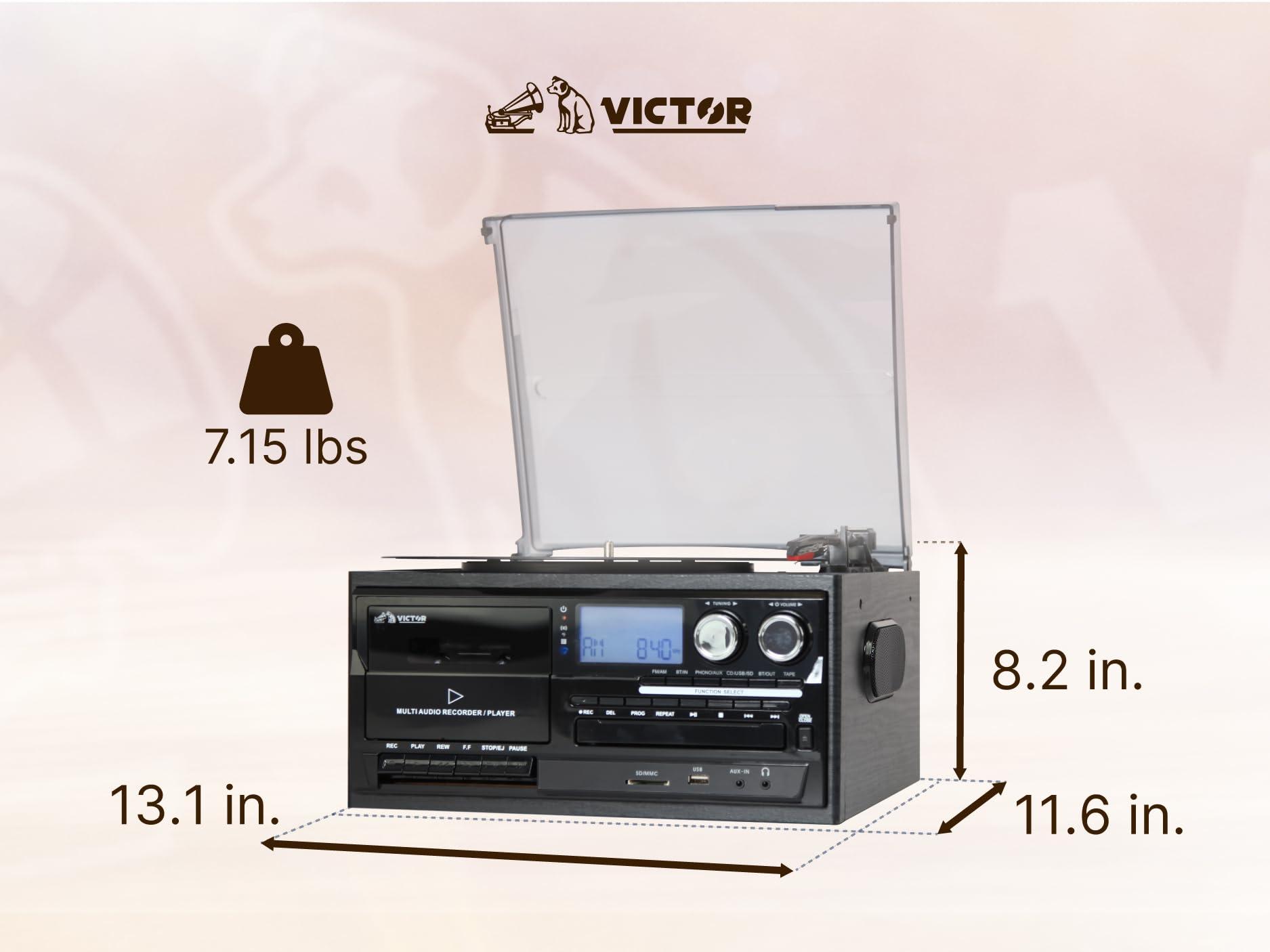 VICTOR Victor VWRP-4200 Cosmopolitan 8-in-1 Turntable Music Center with 3-Speed Record Player, CD/MP3/Cassette Player, AM/FM Radio, Dual Bluetooth in & Out, USB Playback & Recording