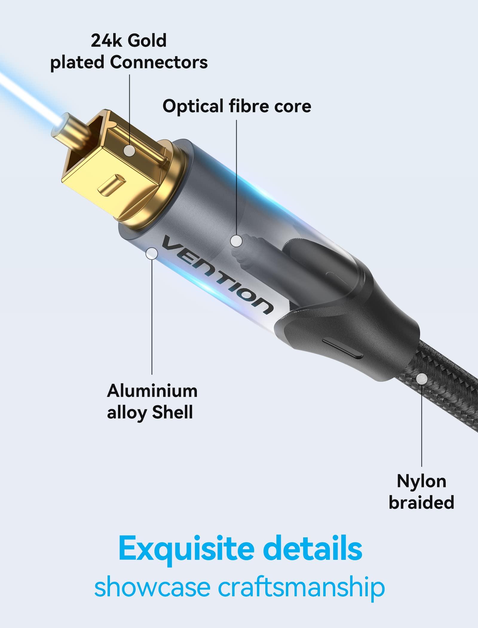 VENTION VENTION Digital Optical Audio Cable Nylon Braided Fiber, Slim Metal Case, Gold Plated Plug, 6.6 ft Toslink Fiber Optic Audio Cable for Sound Bar TV PS4 Samsung Vizio Bose LG