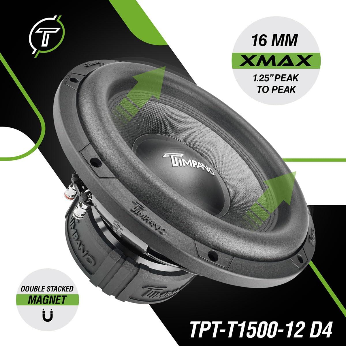 Timpano TIMPANO 12 Inch Subwoofer D4 1600 Watts Max Power Dual 4 Ohm, Subwoofer Car Audio 12 Inch 16 mm Xmax, TPT-T1500-12 D4, 2.6 In Voice Coil Double Stacked Magnet Sub woofer for Car Audio Systems (Single)