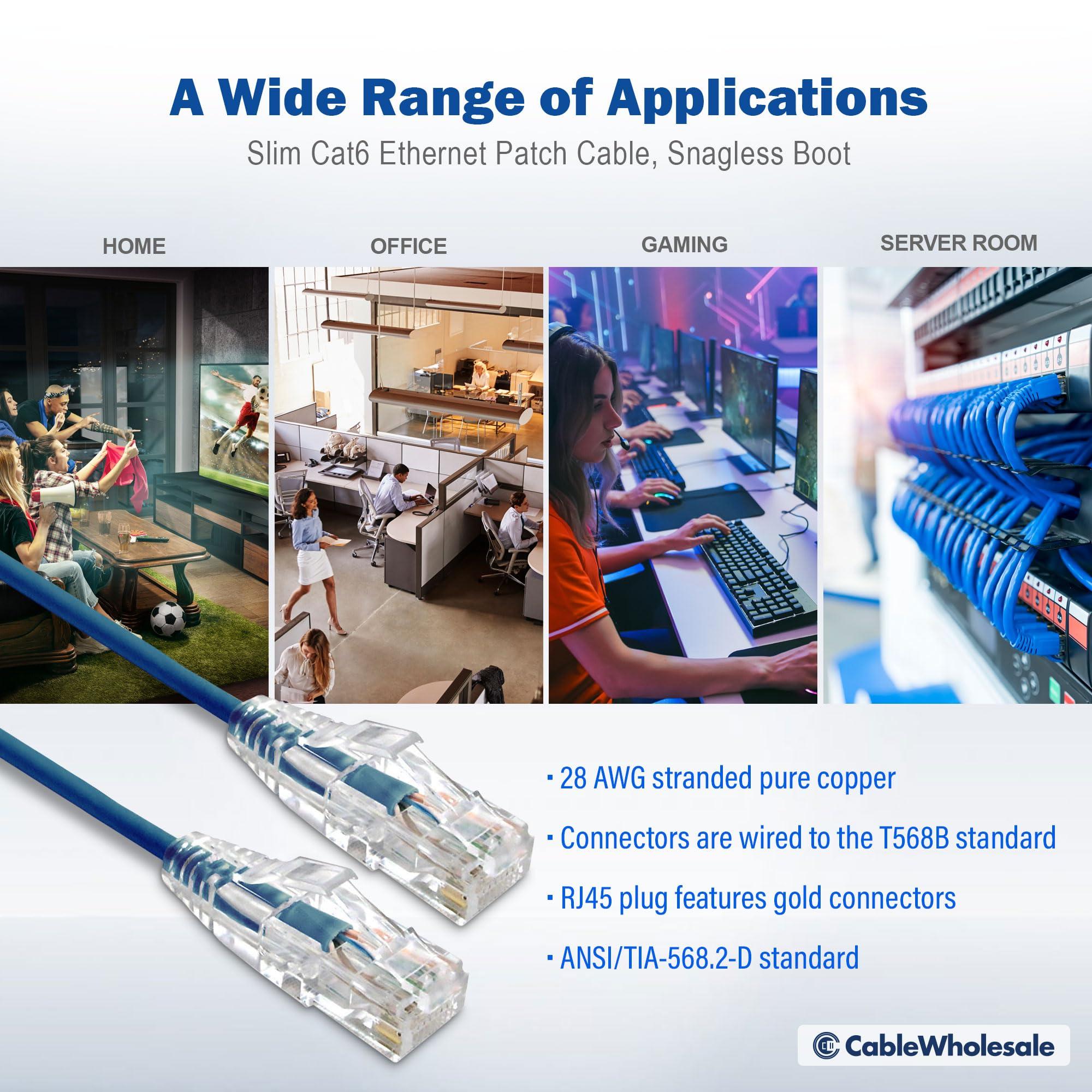 CableWholesale CableWholesale Cat6 Slim Ethernet Patch Cable, 28AWG, ETL Approved, RJ45 Gold Plate Connector Snagless/Boot Unshielded Twisted Pair (UTP), Internet Network Patch Cable, Blue, 5 Foot