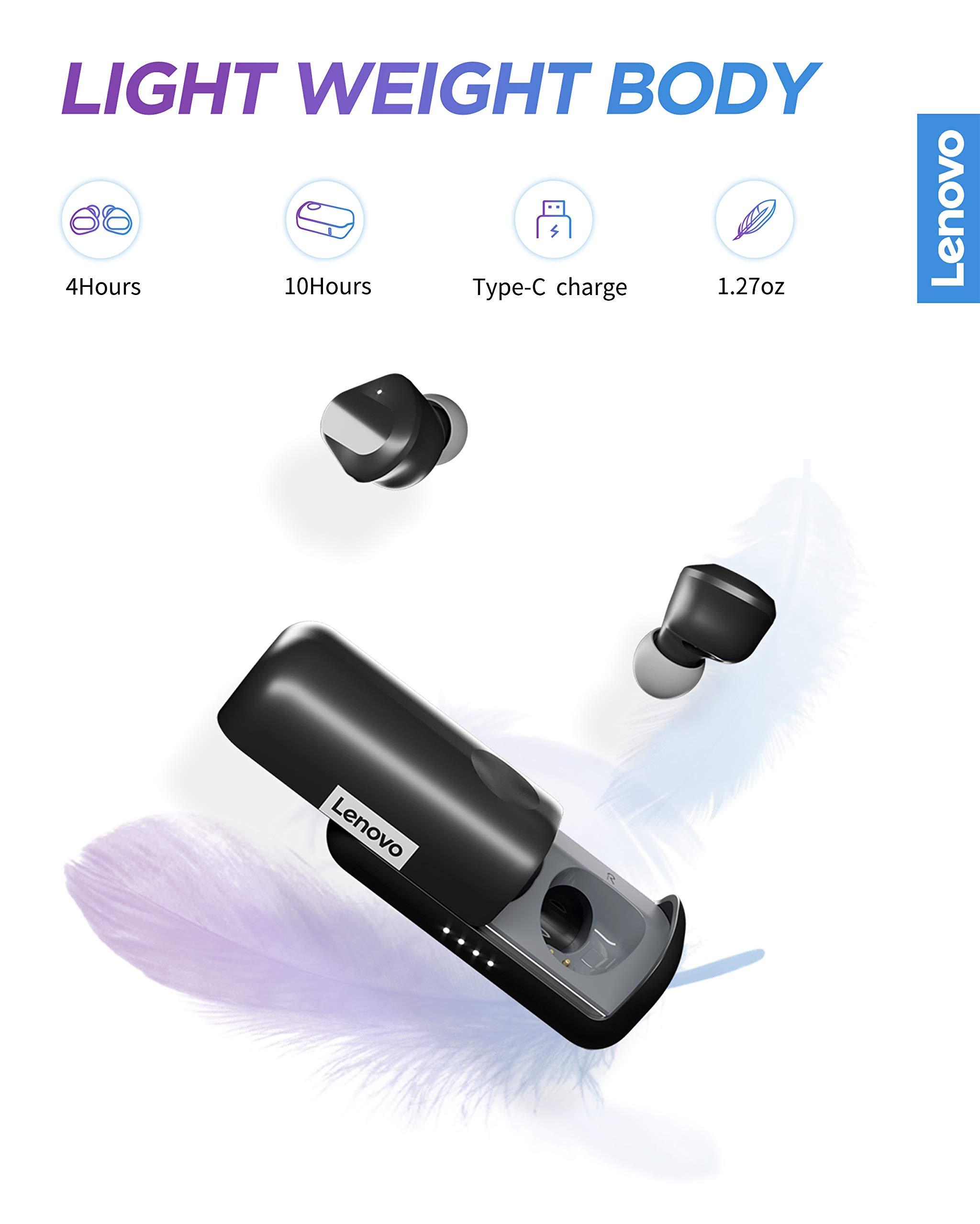Lenovo Lenovo True Wireless Earbuds Bluetooth 5.0 IPX5 Waterproof with USB-C Quick Charge and Built-in Microphone for Work/Travel/Gym (Black)
