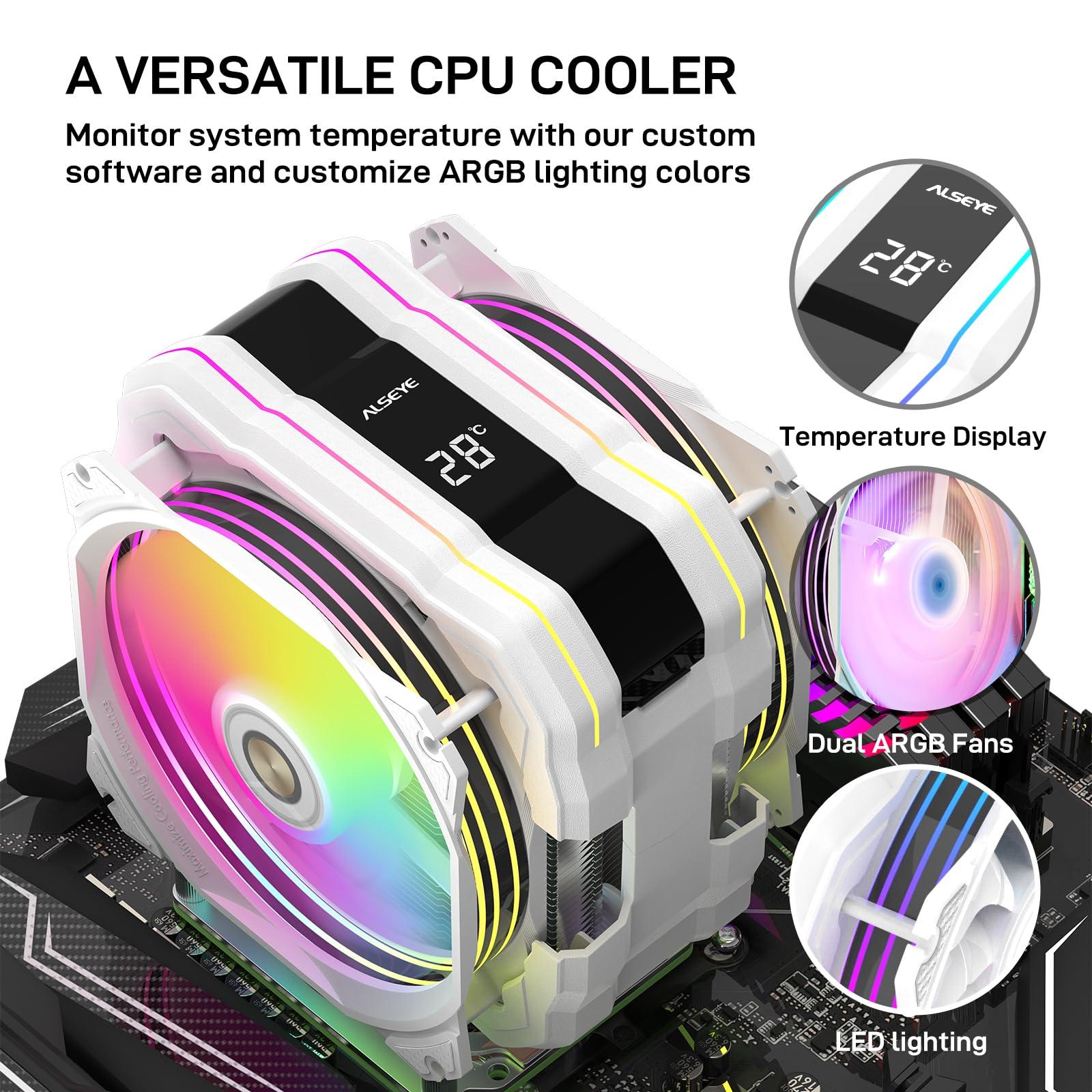 ALSEYE ALSEYE M120D Plus CPU Cooler with Temperature Display, Dual ARGB & PWM Fans, 6 Copper Heat Pipes - Compatible with Intel LGA1700/1200/115X/2011/2066/1366 and AMD AM4/AM5 - Easy Installation - White