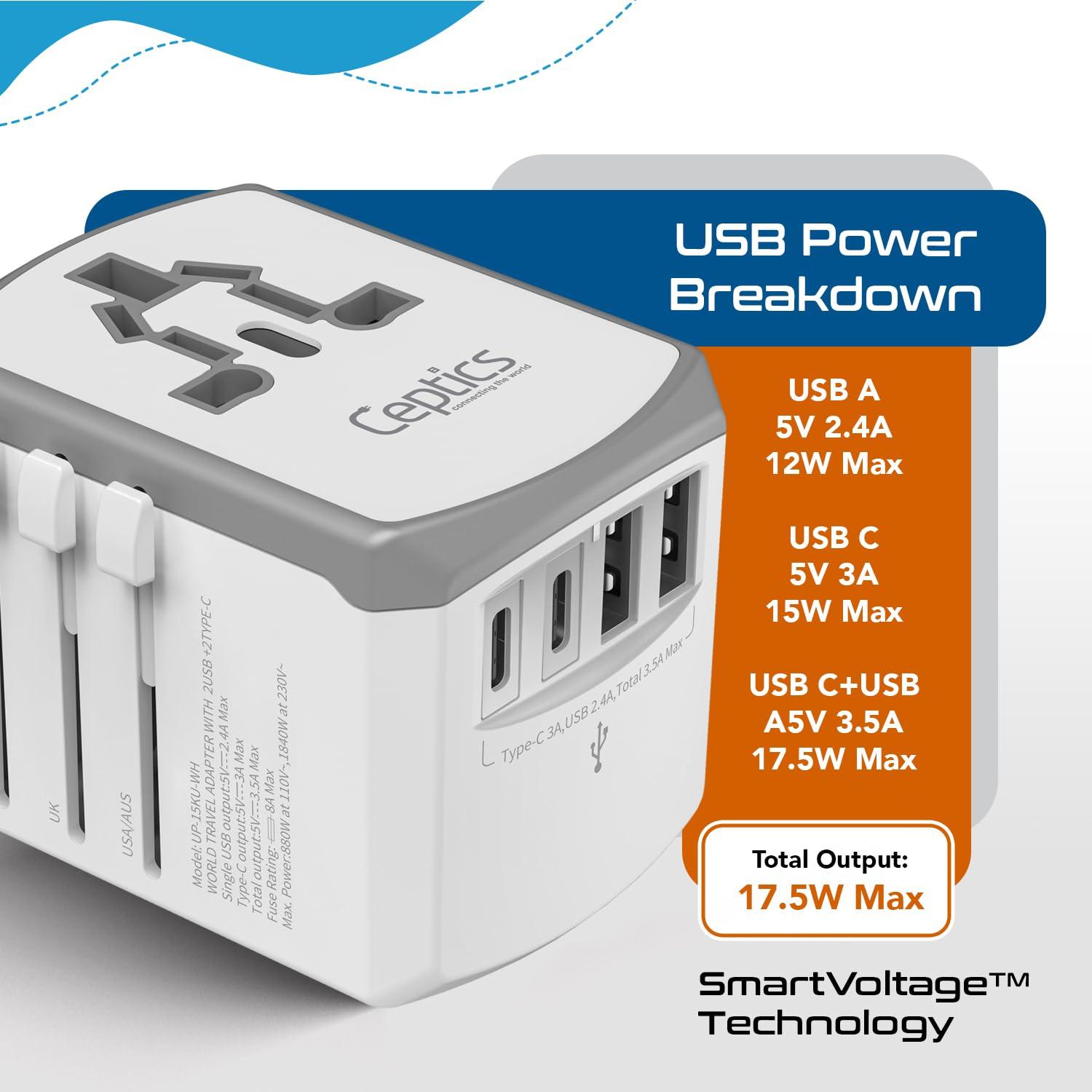 Ceptics Ceptics Universal Travel Adapter 17.5W, 5 in 1 Universal Laptop Charger with 2X USB-A & USB-C 3.5A for Mobiles, Laptops, Cameras US, UK, EU, AU, All in 1 Type A, C, G, I Output, White