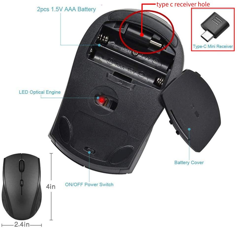 Huifen Huifen Type C Wireless Mouse, USB C Gaming Wireless Mice 2.4G Silent Ergonomic with 3 DPI Levels Compatible with Samsung Chromebook, Google Pixelbook, Dell, HP OMEN, More Device (Black)