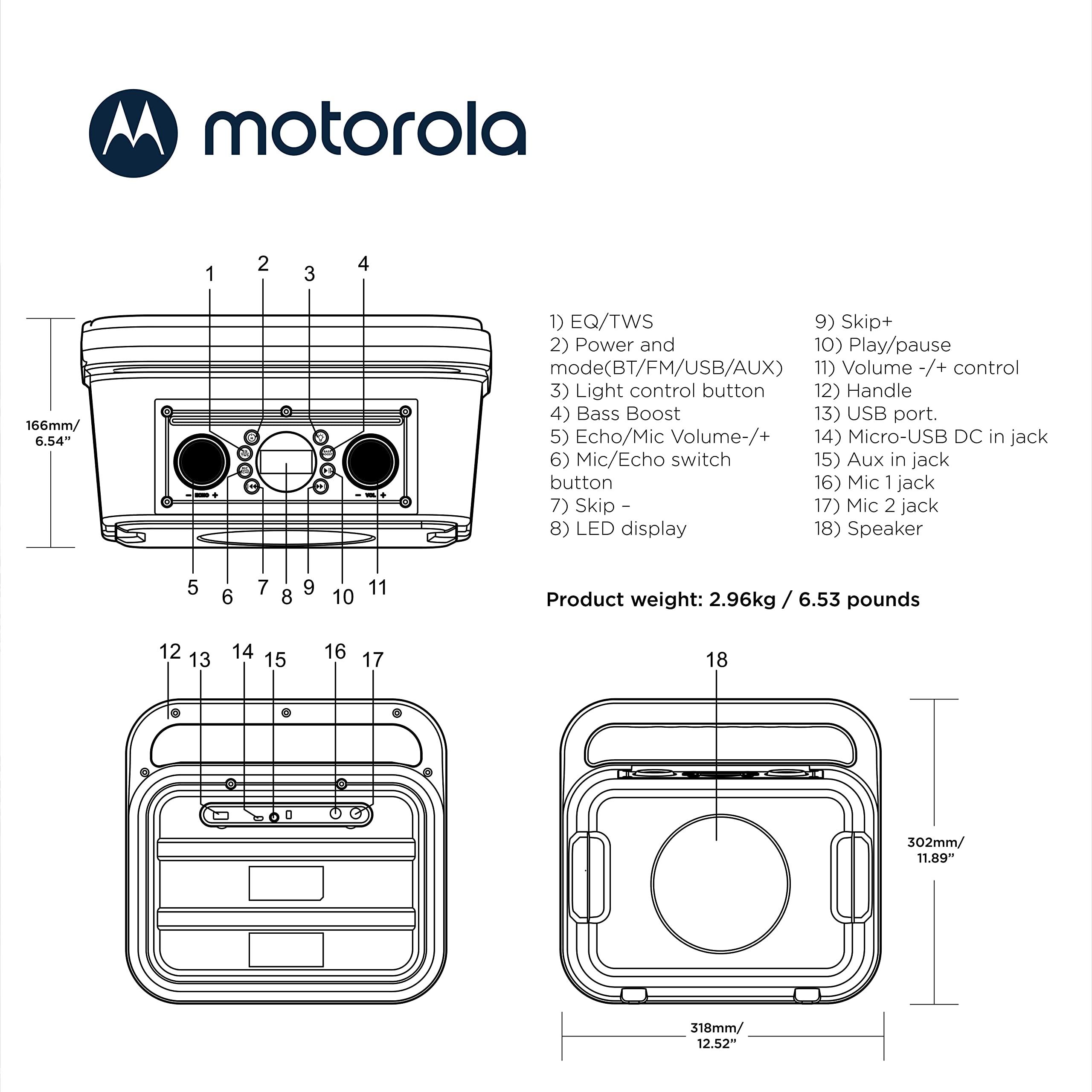 Motorola Sound Motorola ROKR 810 Wireless Bluetooth Portable Speaker with Built-in Subwoofer - 40W, Microphone, Connects to Smartphone, IPX4 Water Resistance, Integrated LED Lights, Smooth Sound