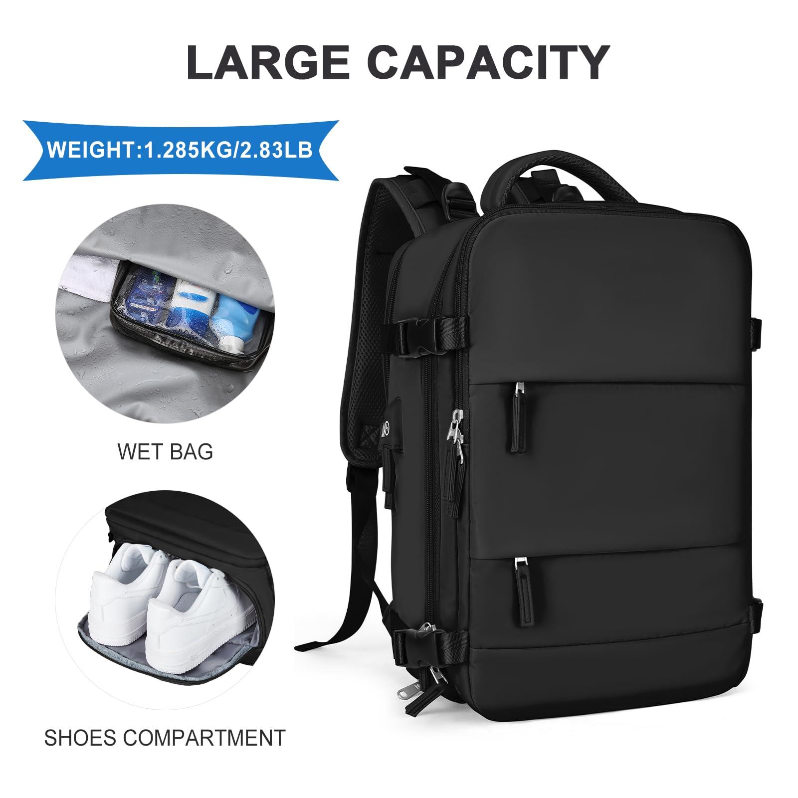 coowoz coowoz Large Travel Backpack For Women Men,Carry On Backpack Flight Approved,Hiking Backpack Waterproof Outdoor Sports Rucksack Casual Daypack Fit 15.6 Inch Laptop Shoes Compartment (Black)