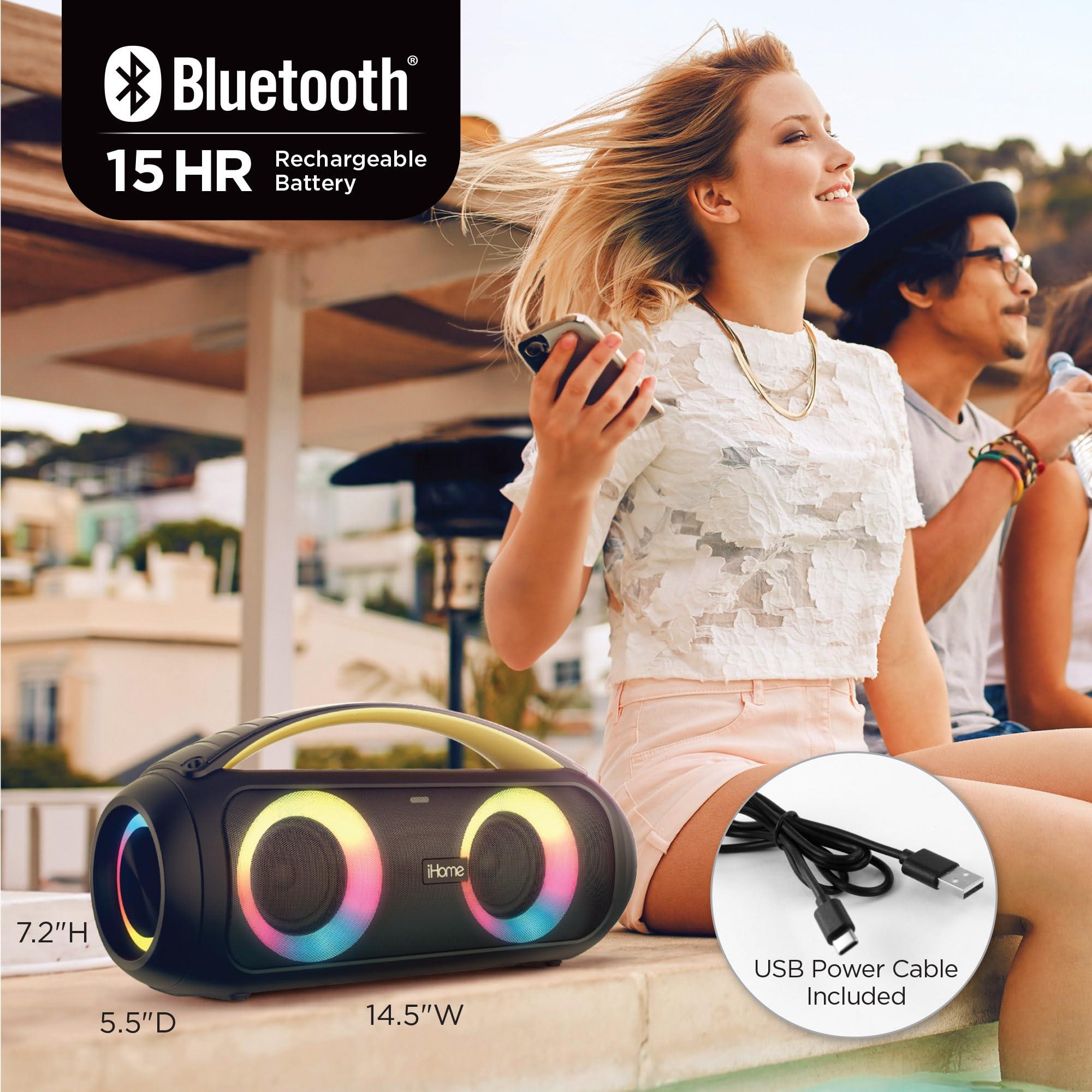 iHome iHome Bluetooth Speaker Boombox with FM Radio, Color Changing Lights and Remote Control, Splash-Proof Wireless Speaker is Portable and Rechargeable (iBT920B.EXv24)