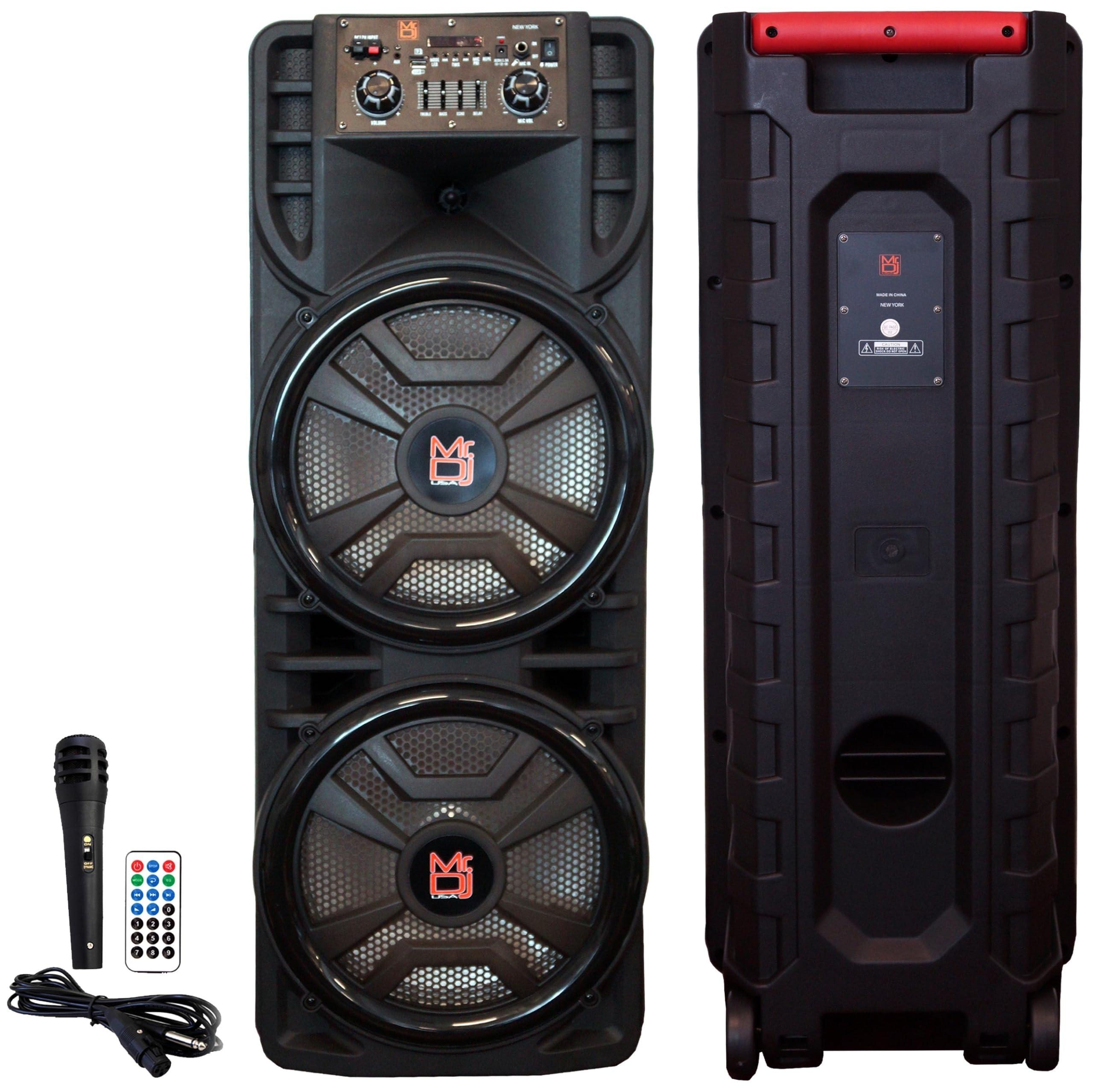 Mr. Dj MR DJ USA Newyork+ 12" X 2 Rechargeable Portable Bluetooth Karaoke Speaker with Party Flame Lights Microphone TWS USB FM Radio + 18-LED Moving Head DJ Light
