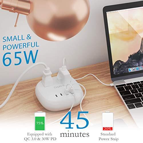 Ceptics Ceptics 65W USB Power Strip, Surge Protection Small Compact, Dual USB + USB-C, 2 Grounded USA Outlets Input QC 3.0 PD Fast Charging Quick Charge Power Delivery SmartVoltage Technology Charging Hub