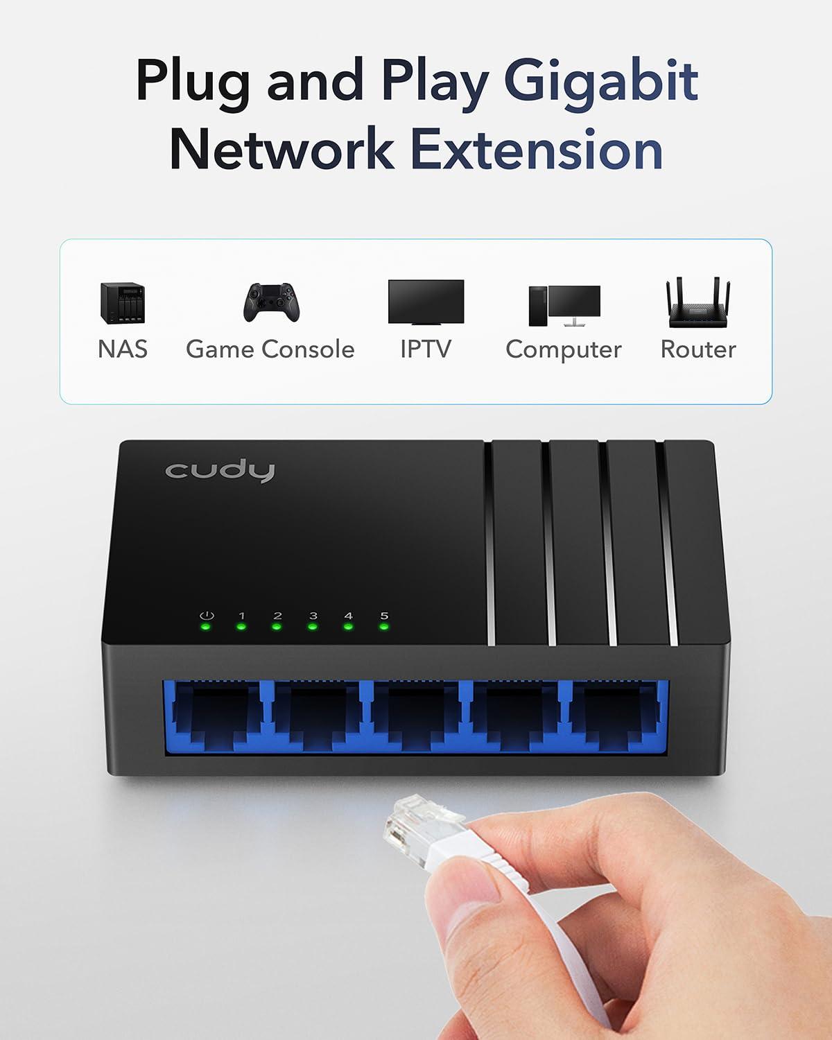 Cudy Cudy GS105D 5 Port Gigabit Ethernet Switch Desktop Ethernet Splitter Plastic Case Unshielded Switch Plug & Play Fanless Unmanaged