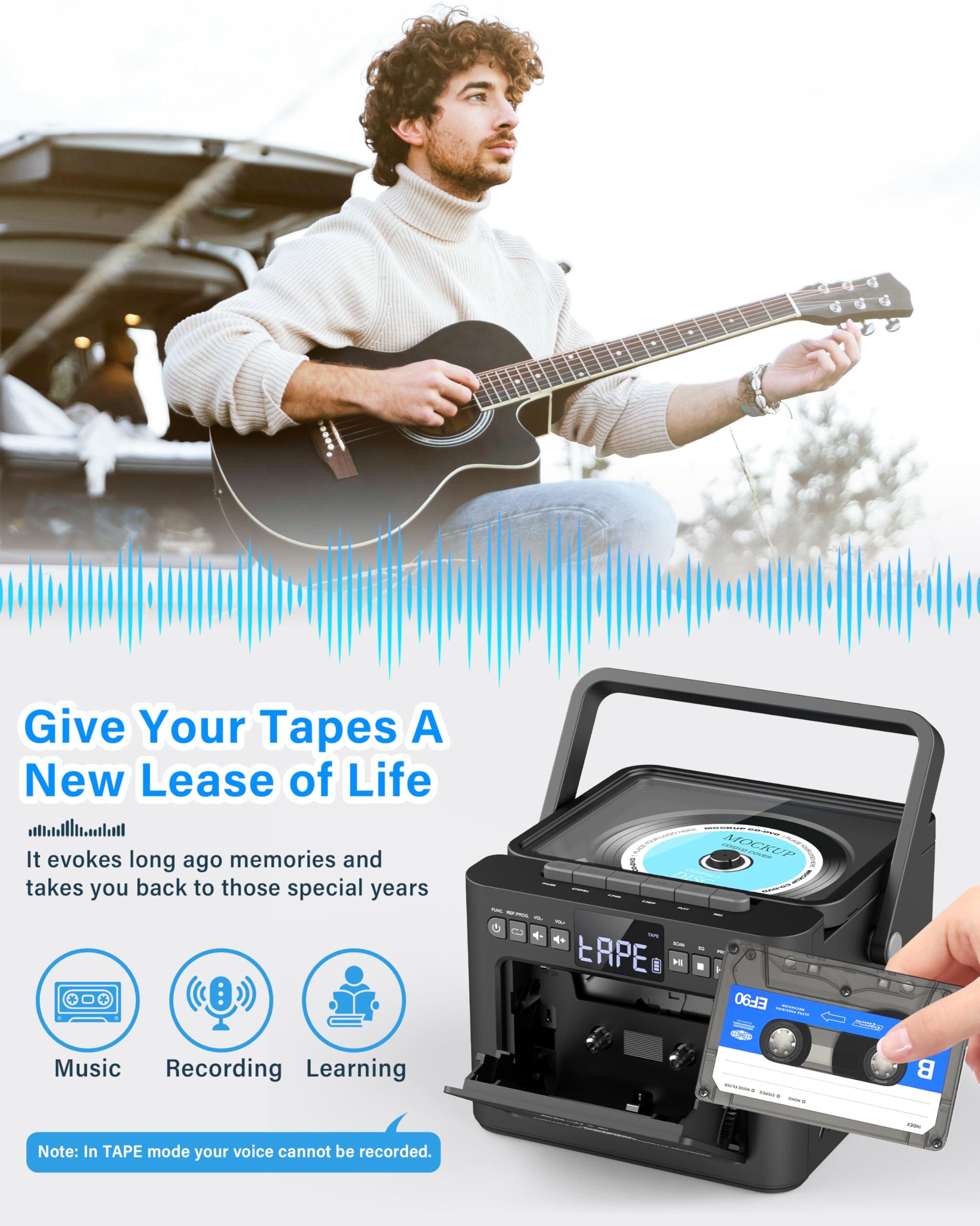 Greadio Greadio Boombox CD and Cassette Player Combo, 5000mAh Rechargable CD Player Boombox with Bluetooth Receive/Transmit/FM Radio/USB/TF/AUX/Remote Control, Boom Box CD Cassette Player for Home Outdoor