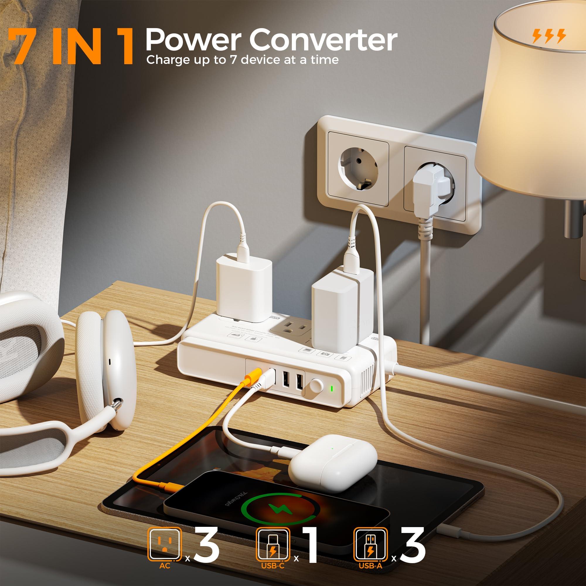 TESSAN 220V to 110V Voltage Converter, TESSAN Universal Travel Adapter with 4 USB Charger (1 USB C), 3 AC Sockets and EU/UK/AU/IT Plug Power Adaptor, Step Down Transformer Outlet Converters for International