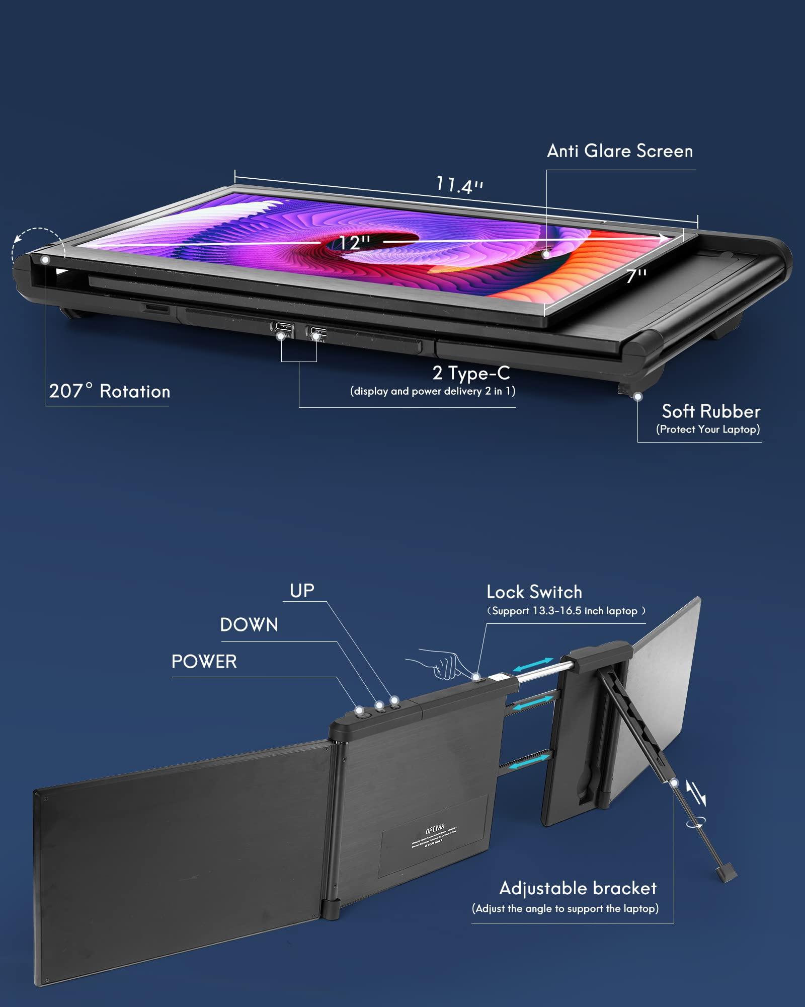 Alecewey Alecewey Triple Portable Monitor for Laptop Screen Extender Dual Monitor Extender 12 Inch FHD 1080P IPS Display Extender 2 Type-C P2S for 13-16.5 Inch ComputerOnly Windows