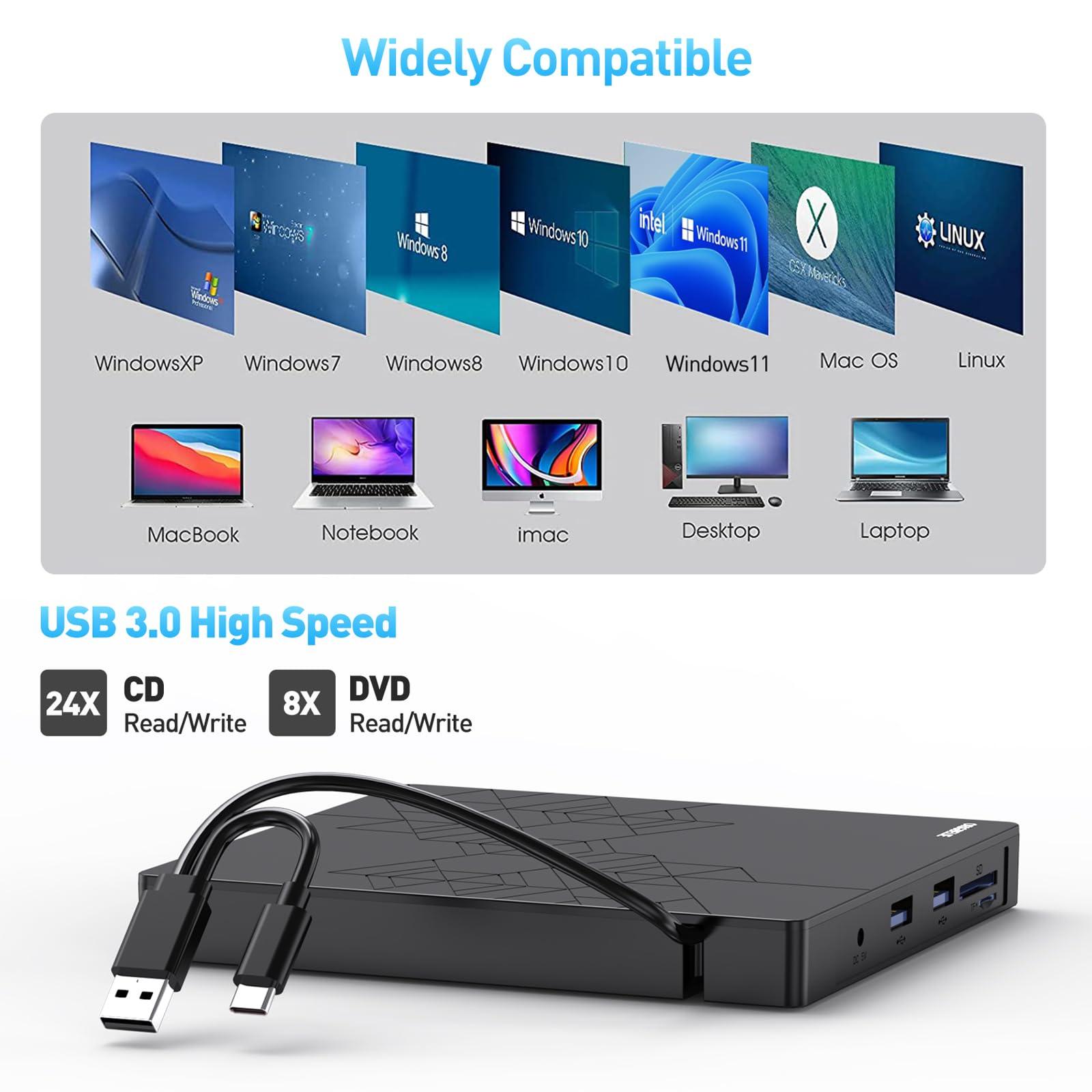 ORIGBELIE ORIGBELIE External DVD Drive, CD Drive USB 3.0 Typle C CD/DVD ROM +/-RW Adapter with USB Port DVD Burner for Laptop PC Desktop Computer, Optical Disk Drive CD Player Compatible with Mac Windows Linux