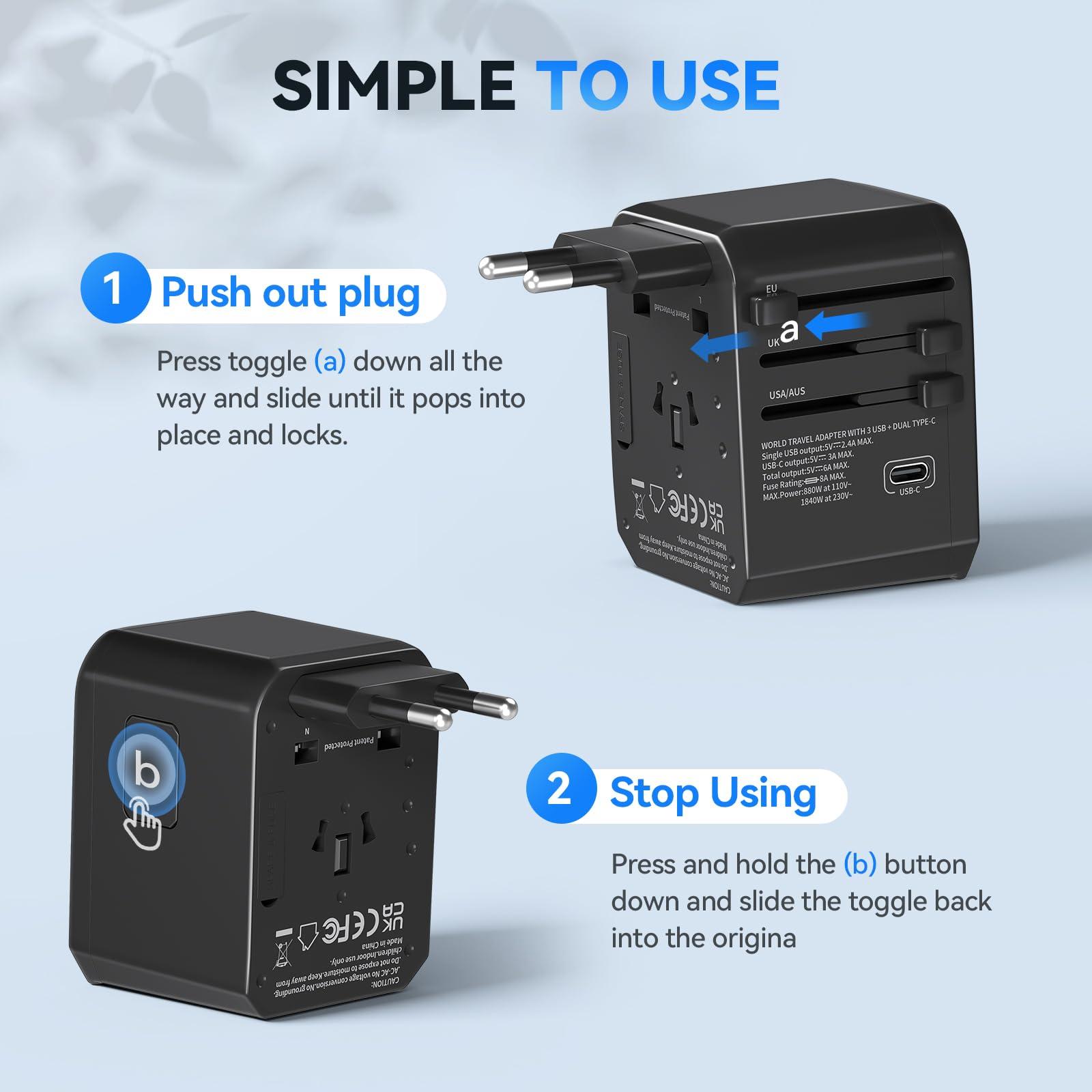 Unidapt International Power Plug Adapter, Unidapt Universal Travel Adapter with 3 USB C and 2 USB A Ports, European Worldwide Wall Charger for EU UK AUS USA, Black (JY-305C3)