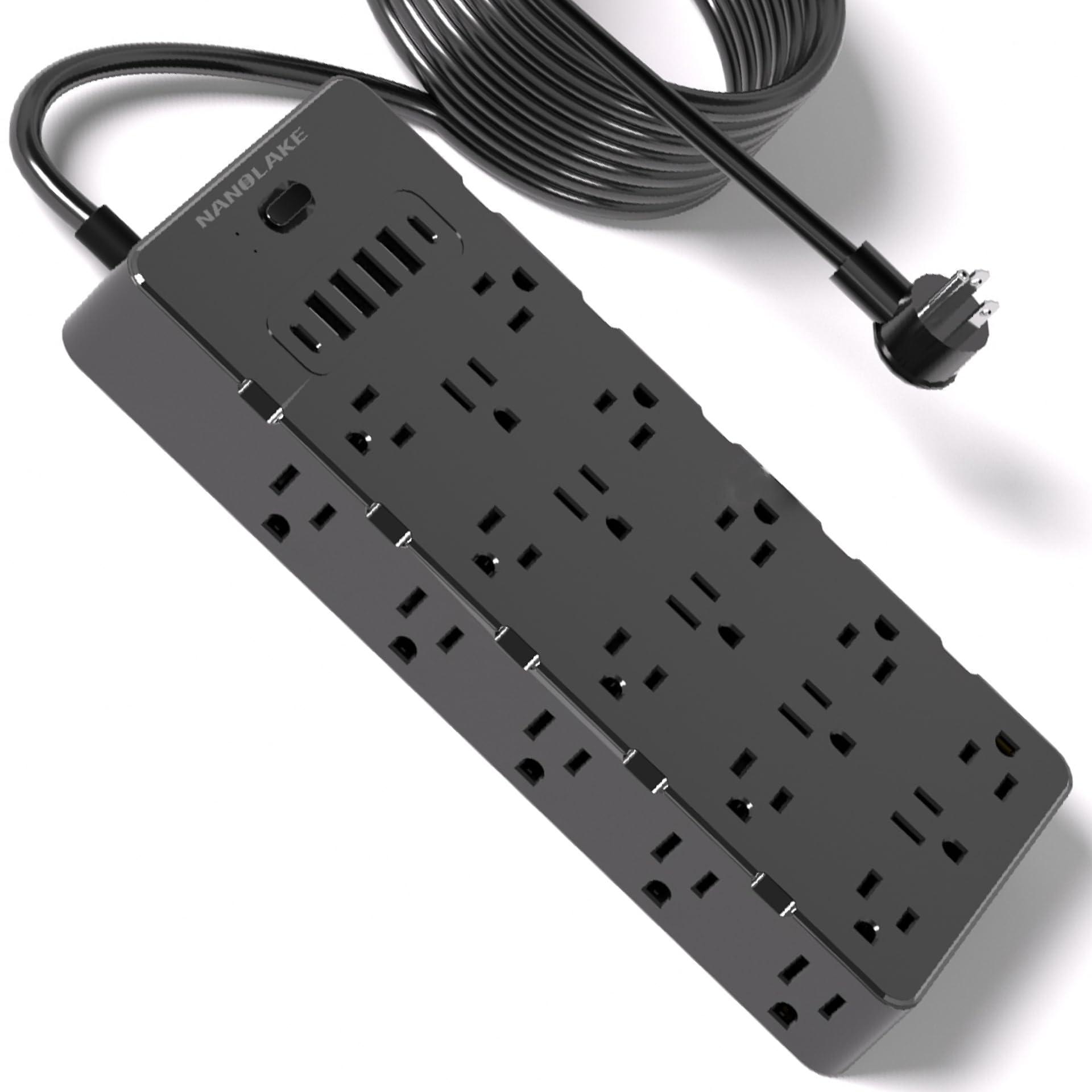 NANOLAKE Large Surge Protector Power Strip with USB Ports (4A+2C),Heavy Duty Extension Cord 14 Gauge 6.5 Ft,4000 Joules Surge Protection,25 Spaced AC Outlets,for Commercial,Home,Office,Dorm,Black,ETL Listed