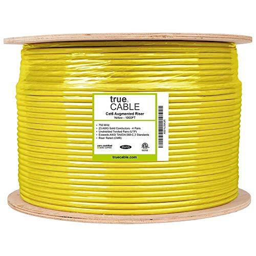 TRUE CABLE trueCABLE Cat6A Riser (CMR), 1000ft, Yellow, 23AWG 4 Pair Solid Bare Copper, 750MHz, PoE++ (4PPoE), ETL Listed, Unshielded Twisted Pair (UTP), Bulk Ethernet Cable