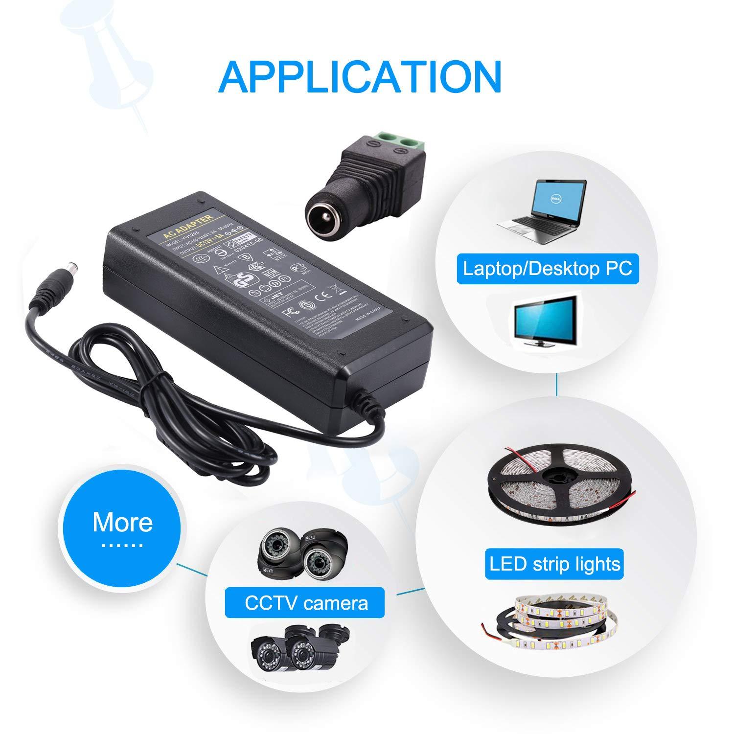 COOLM 12V 5A Power Supply, COOLM AC to DC 12V 5A 60W Power Adapter Charger AC 100V - 240V Transformer 5.5x2.5mm DC Output Jack for 5050 3528 LED Strip Light LED Driver CCTV Security System